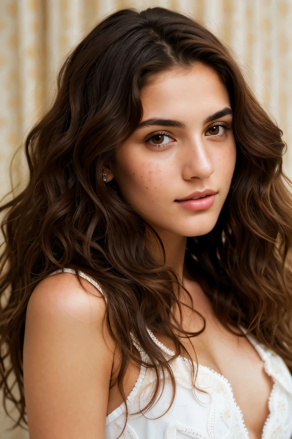 Ultra realistic photo portrait of a Brunette, Arabic,wavy hair,meticulous, détailled, 4K,hight resolution, face onlye, brown eyes , freckle