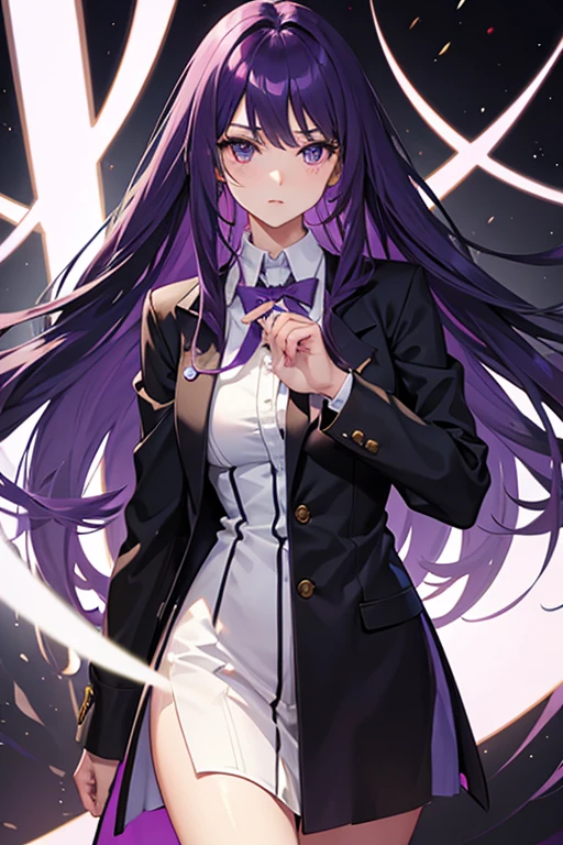 tall girl, long hair, PURPLE HAIR, defined face, defined eyes, defined hands, secretary attire, staring straight ahead, Princess' crown, Galaxy, purple crown, purple eyes, purple left eye, purple right eye, long jacket, smile on the mouth, thin lips, White clothing, above knee skirt, star necklace, star belt