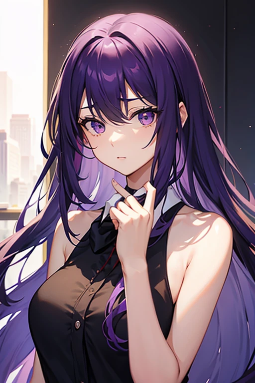 tall girl, long hair, PURPLE HAIR, defined face, defined eyes, defined hands, secretary attire, staring straight ahead, Princess' crown, Galaxy, purple crown, purple eyes, purple left eye, purple right eye, long jacket, smile on the mouth, thin lips, White clothing, above knee skirt, star necklace, star belt