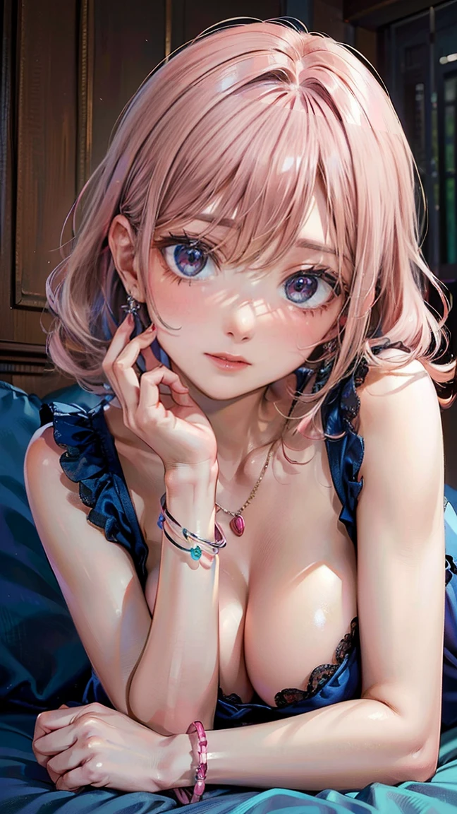 (Masterpiece, BestQuality:1.3), (ultra detailed:1.2), (hyperrealistic:1.3), (RAW photo:1.2), High detail RAW color photo, professional photograph, (Photorealistic:1.4), (realistic:1.4), (Pink Hair:1.5), professional lighting, perfect anatomy, (Big Breasts:1.2), (blush, detailed face), (A happy smile:1.7), Trending Hair&Trending Hairカラーをランダムに, earrings, necklace, bracelet, sexly, erotic sexly, Random sexy gravure poses, (Sexy beauty in a blue silk nightgown、Relaxing in the bedroom、Curly blonde hair、Seductive look、Lying on the sofa。:1.3)