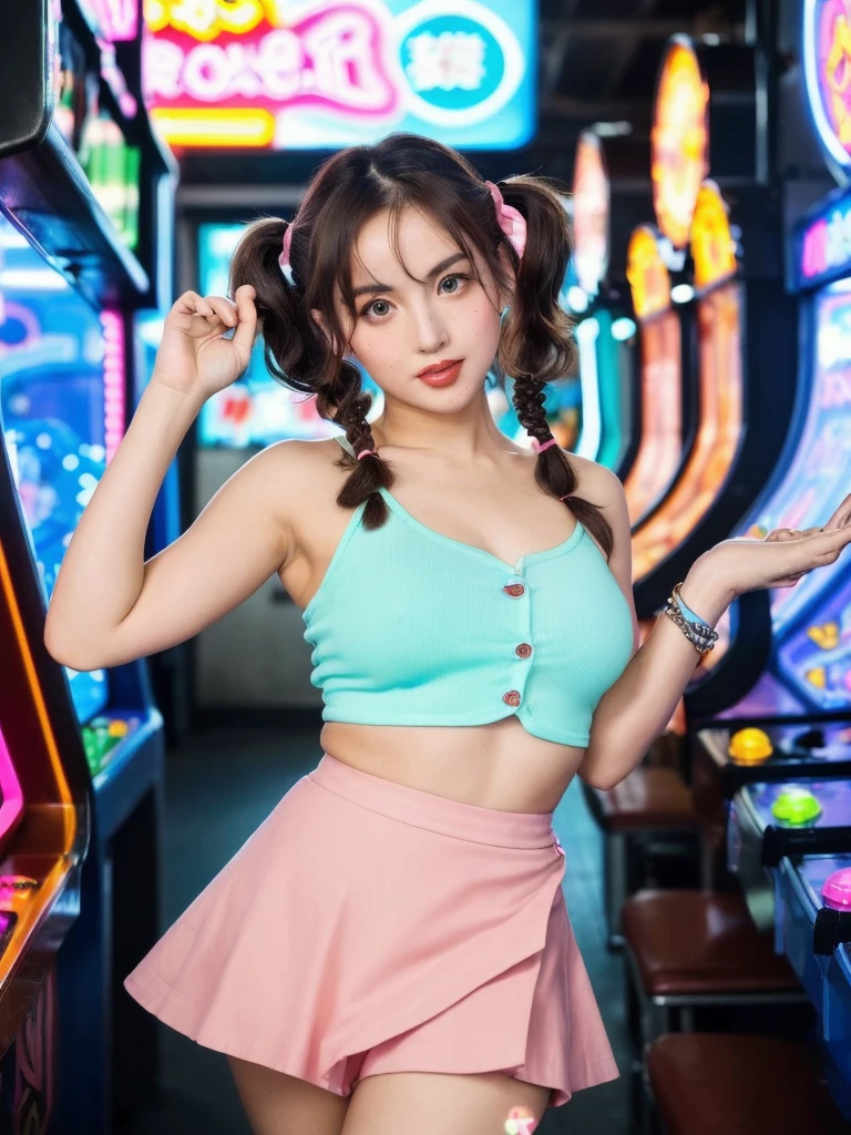 masterpiece,best quality,higher, Super sexy super cute Japanese girl、Hot, erotic and sexy lips、Big eyes、Drooping eyearilyn (;marilyn monroe face)、ASİAN,(brown race),dark skin,Dark brown, loosely wavy llong hair,1girl,NDGE、ponytail、Super big、sexual excitement、(((A super sexy and super cute with shoulder-length brown pigtails, aqua eyes, and hair tied at both sides with pink ribbons, enjoying a UFO catcher in an arcade. The character is wearing a trendy outfit with a mix of Japanese and Western fashion, including a stylish jacket, a skirt, and fashionable shoes. The arcade is vibrant with colorful machines, neon lights, and a lively atmosphere. The character is reaching out with a determined expression, trying to catch a plush toy. The background includes other arcade games and a few people having fun, capturing the energetic and fun environment of the arcade.))、(((Super big)))Cute smile