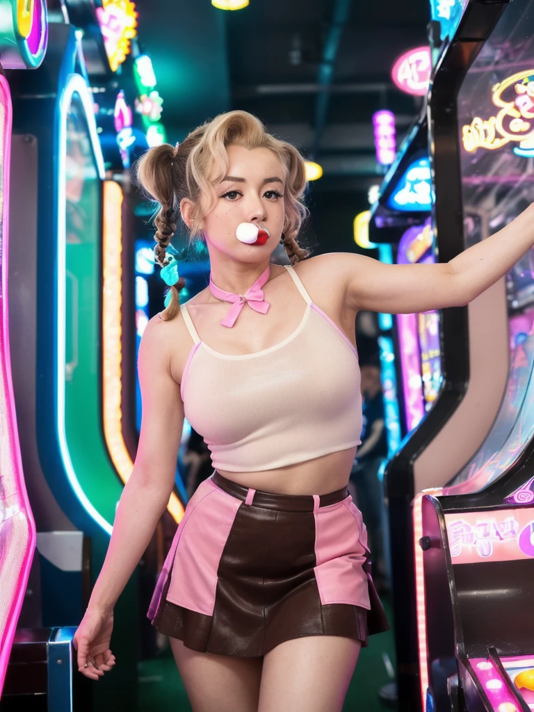 masterpiece,best quality,higher, Super sexy super cute Japanese girl、Hot, erotic and sexy lips、Big eyes、Drooping eyearilyn (;marilyn monroe face)、ASİAN,(brown race),dark skin,Dark brown, loosely wavy llong hair,1girl,NDGE、ponytail、Super big、sexual excitement、(((A super sexy and super cute with shoulder-length brown pigtails, aqua eyes, and hair tied at both sides with pink ribbons, enjoying a UFO catcher in an arcade. The character is wearing a trendy outfit with a mix of Japanese and Western fashion, including a stylish jacket, a skirt, and fashionable shoes. The arcade is vibrant with colorful machines, neon lights, and a lively atmosphere. The character is reaching out with a determined expression, trying to catch a plush toy. The background includes other arcade games and a few people having fun, capturing the energetic and fun environment of the arcade.))、(((Super big)))Cute smile