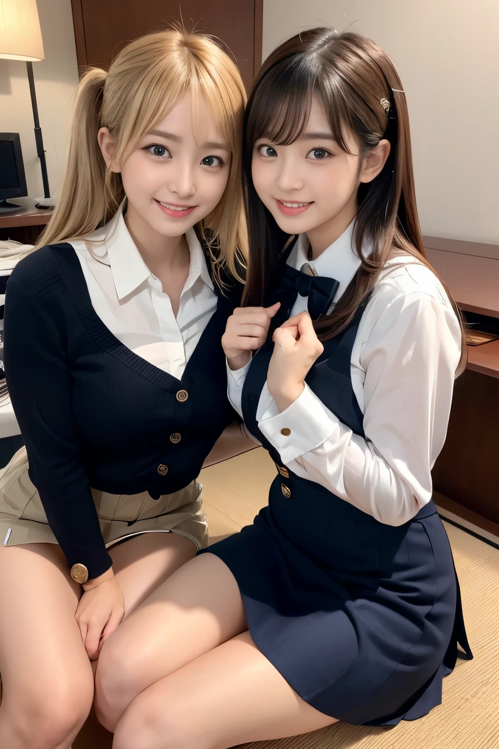 Highest quality、Face Focus、Soft Light、(Written boundary depth)、Ultra-high resolution、(Realistic:1.4)、RAW Photos、(knees:1.4)、((片方のkneesを軽く曲げる))Three Japanese Girls、Three 20-year-old girls、Huge 、(shy、Sexy seductive smile:1.1)、(Moonlight Eyes)、Beautiful face in every detail、(blonde, Cute hairstyle, 強調された超Hugeな非常にHugeな胸の谷間が見える)、High angle shot、Center View、Two Arab Asian women sitting at a desk wearing satin clothes、Amazingly cute sexy girl、Japanese Girls、Wearing lace slip shimmy、Surreal 、Surreal 、 Sexy and seductive lewd poses with hugging and touching、Ezvian Everywhere、Beautiful Skin、Glowing Skin、Nice thighs、Shining thighs、Shining Legs、kneesの白いハイソックス、Luxurious Japan bedroom 、Nogizaka idol、Korean Idol、We invite you、(())(bank plate, black skirt, bow, long sleeves, pantyhose, blue shirt, skirt, vest:1.1),
large breast,(button gap:1.3))