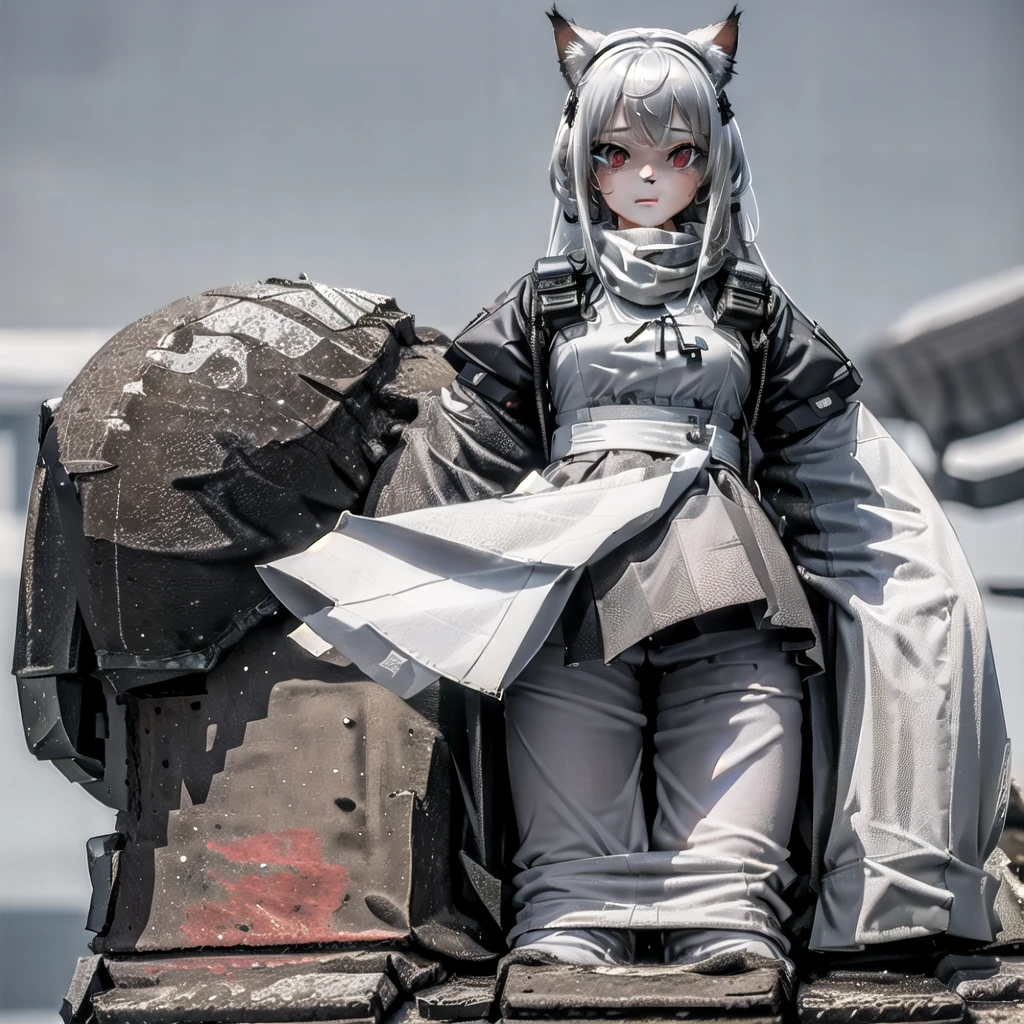 masterpiece, highest quality, highest resolution, clear_image, detailed details, White hair, long hair, cat ears, 1 girl, red eyes, military gear (wearing military gear with a short skirt and white pantyhose), sci-fi drones (drones flying around), white scarf (white scarf covering the neck), gray futuristic halo (gray halo over the head), white futuristic wings (white futuristic wings attached to the waist of the body) ,holding a h&k hk416, cute, no water marks, space, network background