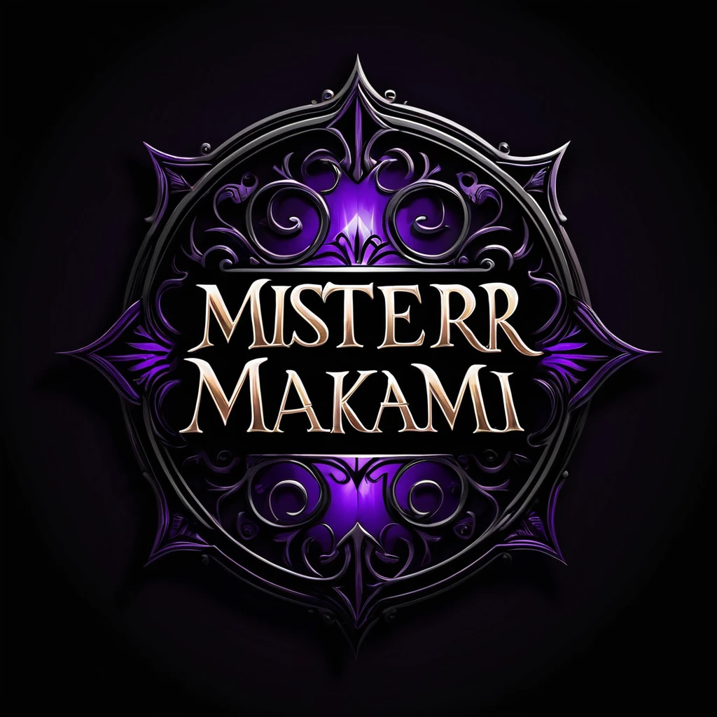 create a DARK NIGHT MYSTERY logo with mystical, scary, unique letters. Enter the words "MISTERI MALAM", use black and purple and a white background