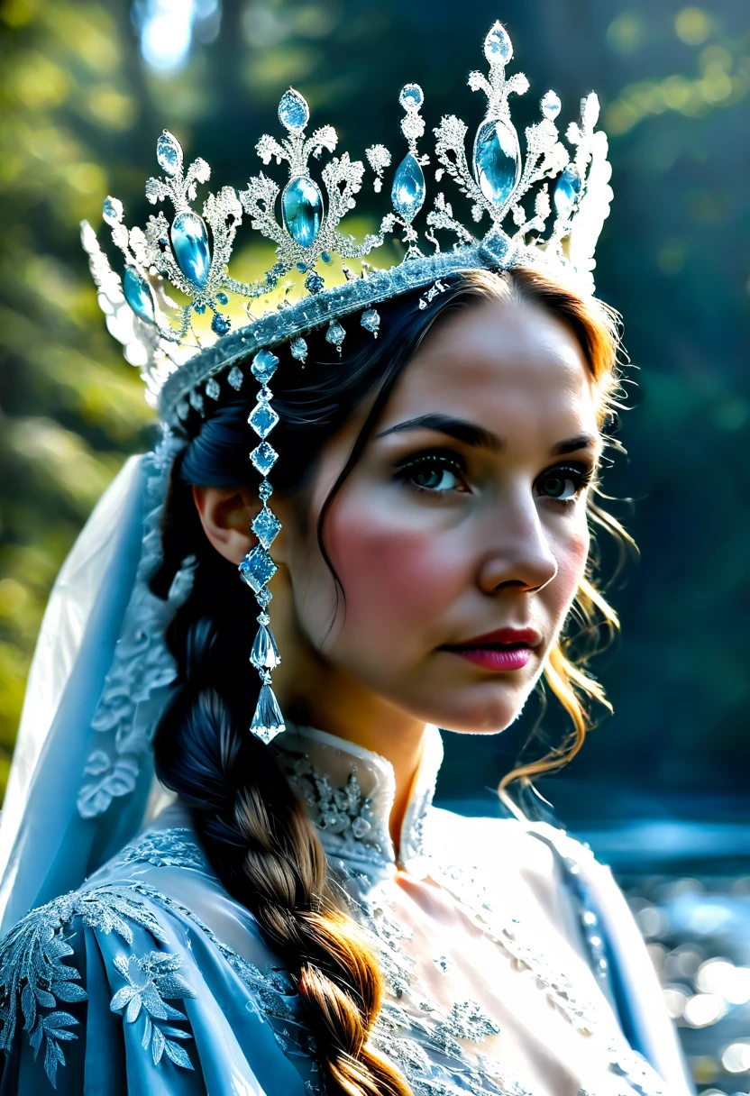 An immense crown of finely chiseled and openwork frozen water lace offers power to a sublime, happy and radiant queen, sublime 35 year old queen crowned, large lush forest