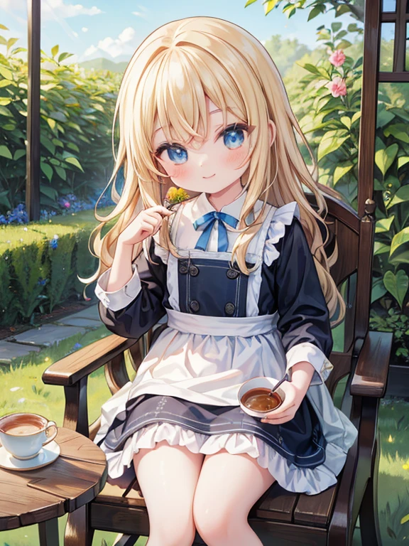 (8K, Highest quality, tableトップ:1.2), Ultra-high resolution, 7-year-old girl, Perfect Fingers, Detailed face, smile, blue eyes, Blonde, (wavy hair:1.5), Blue Apron Dress, garden, flower bed, table, tableクロス, Black tea, Tea cup, cake, Sit on a chair, Black teaを飲む