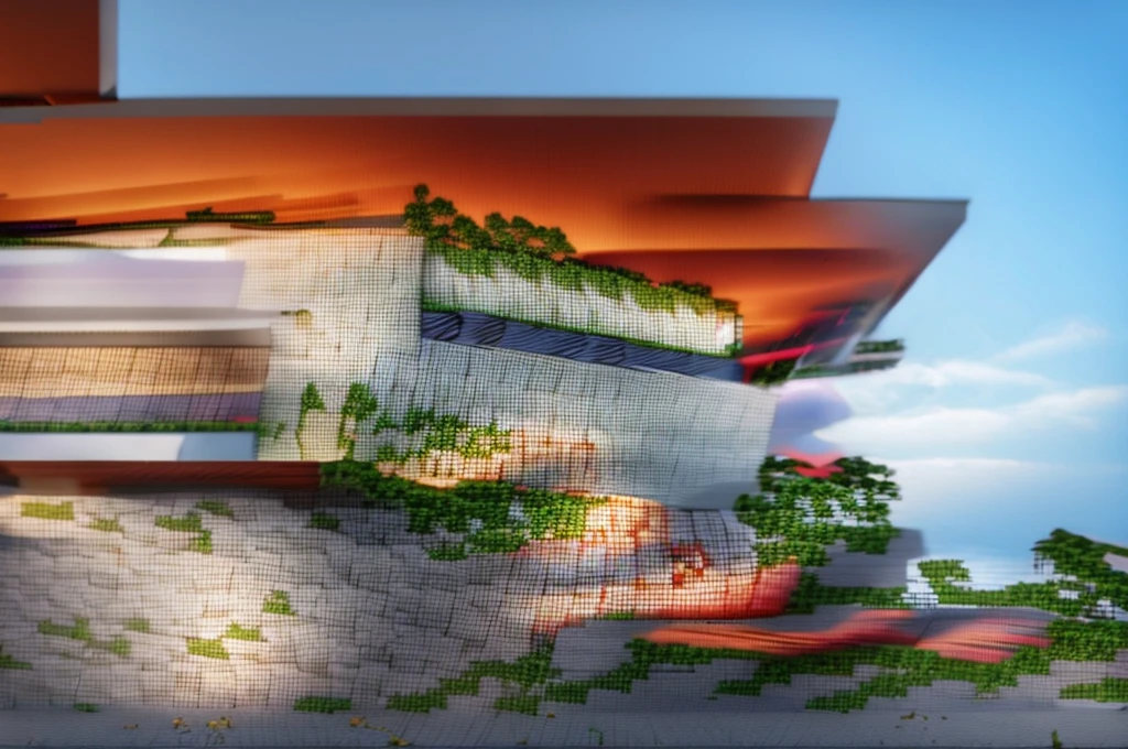 Resort house with lake with lotus flowers, cherry blossom, house in the forest canopy, realistic colors, realistic tree, light in the early morning