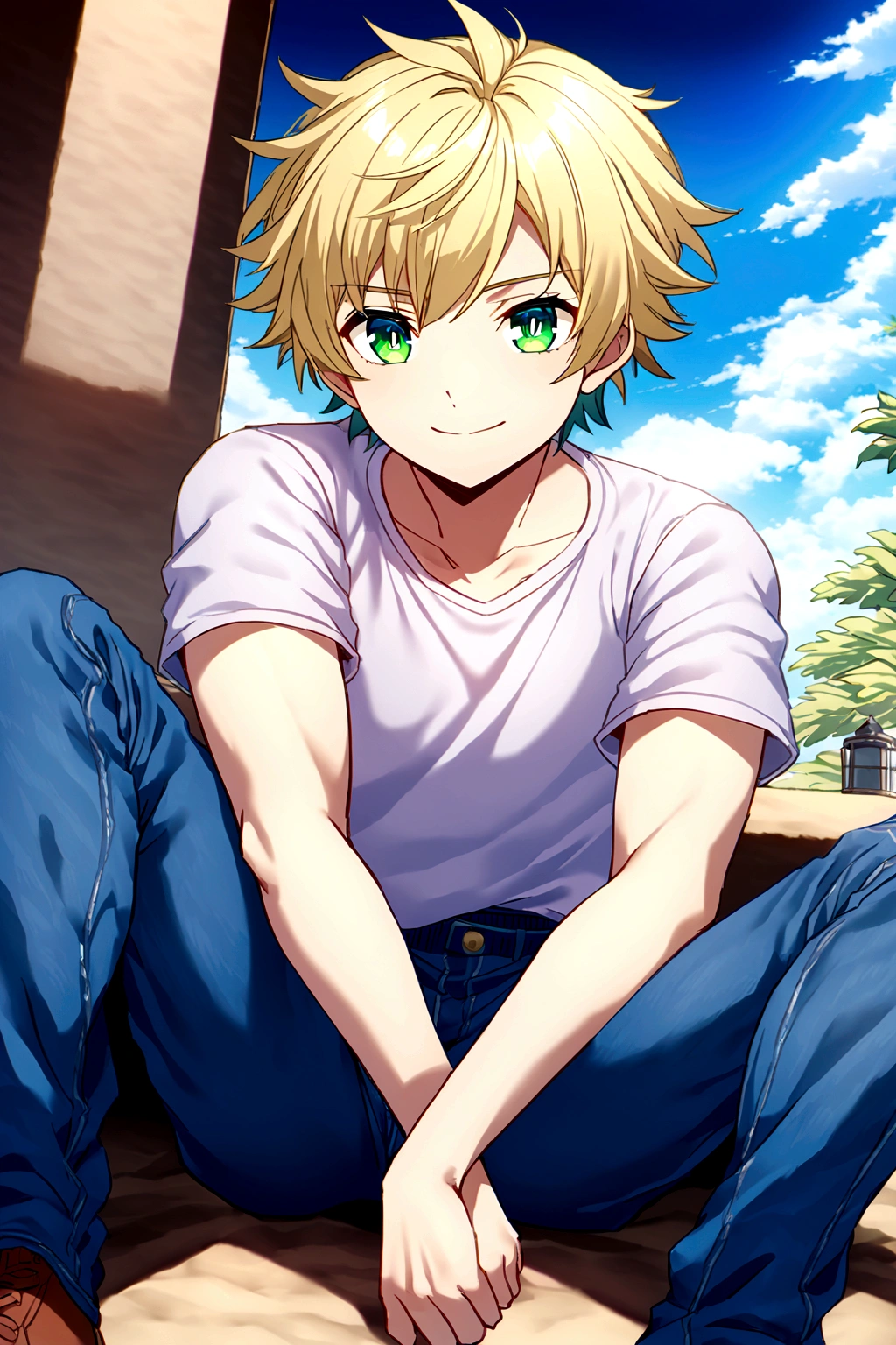 A handsome boy with intense blue eyes is sitting in a completely dark room. There is a lit candle 30 centimeters from your face., illuminating her beautiful features. 2d anime style. 8K resolution. Very detailed.
