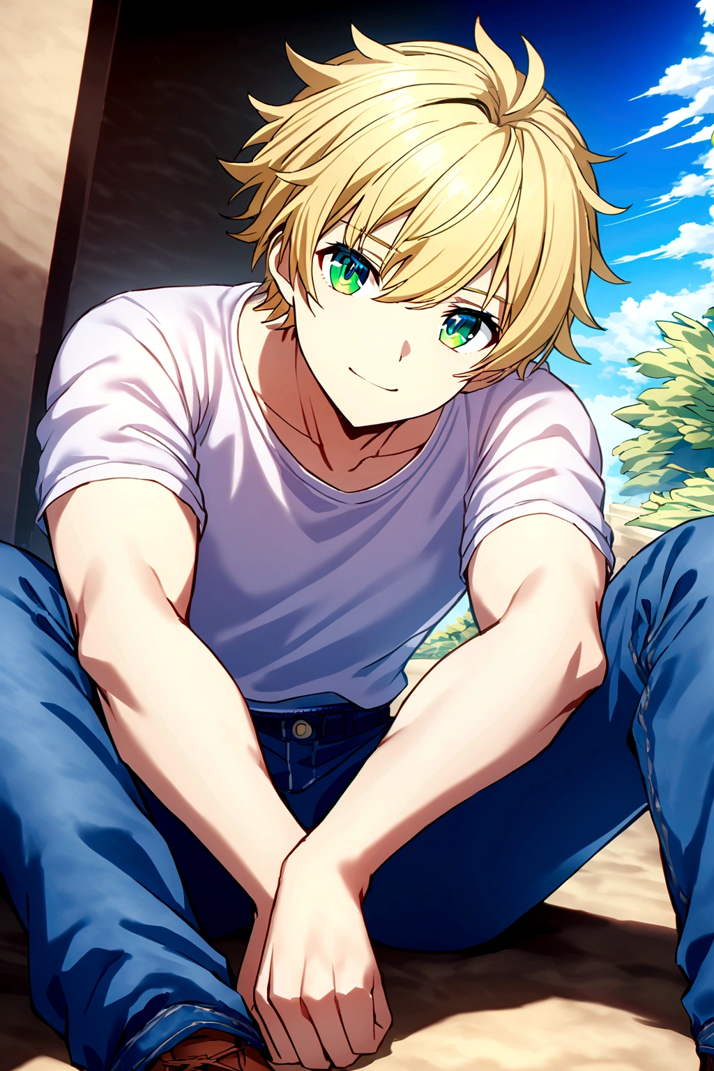 A handsome boy with intense blue eyes is sitting in a completely dark room. There is a lit candle 30 centimeters from your face., illuminating her beautiful features. 2d anime style. 8K resolution. Very detailed.