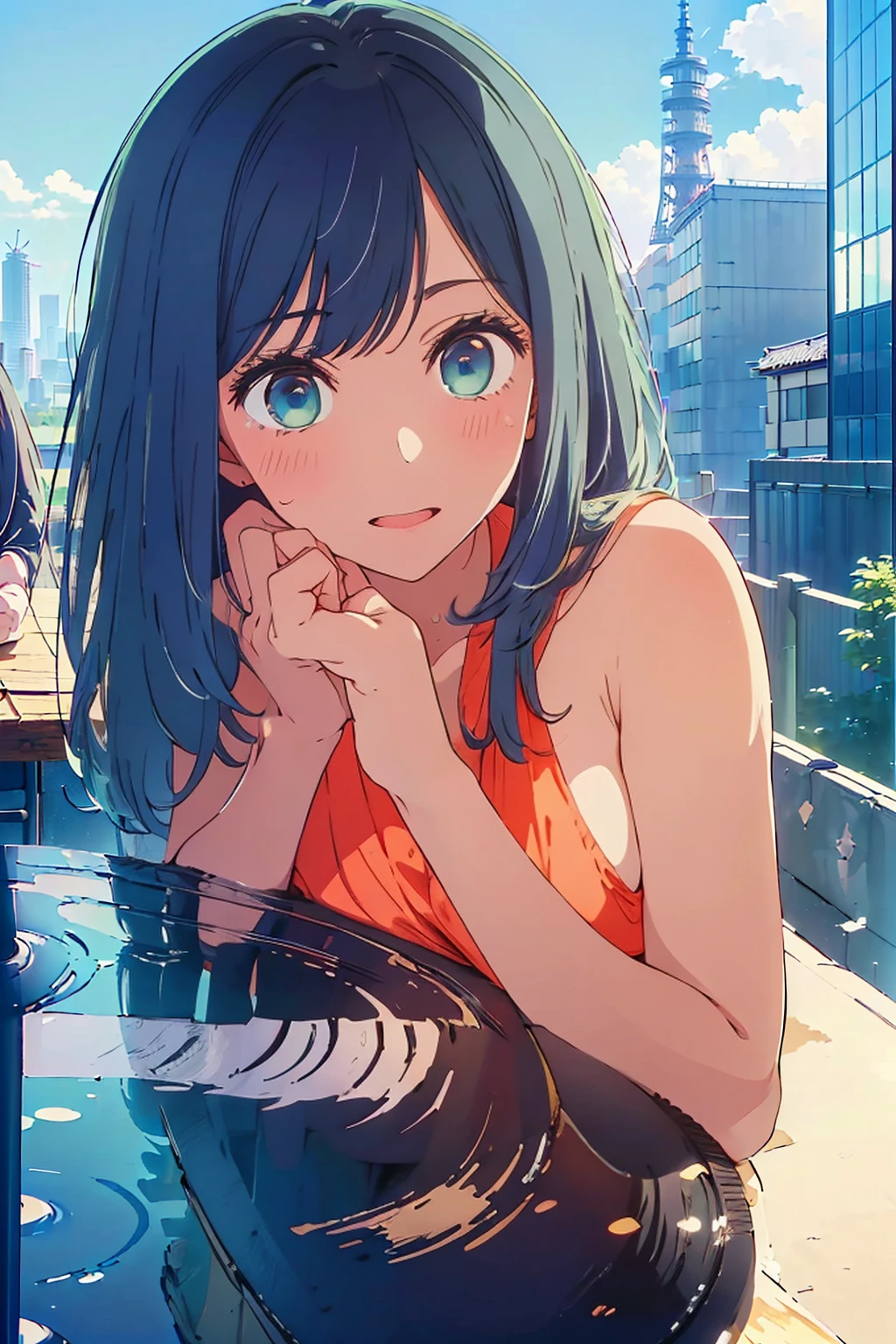 (Highest quality:1.4、masterpiece:1.4、超detailed:1.4、Ultra-high resolution:1.4、Absurd:1.4、Absolute Resolution:1.4、8K:1.4、detailed:1.4)、F cup bust、Big Breasts、Slim body、((((1 person、Surprised expression、sit、Chair、In the background are the urban buildings of Tokyo、looking at the camera、Outdoor café terrace、Navy hair color、juice、Shooting up close、table、Very cute face))))、((((nude、Areola))))、(Hand touching cheek pose:1.4)、(bikini)、Nipples、Very blue sky、A completely cloudless sky