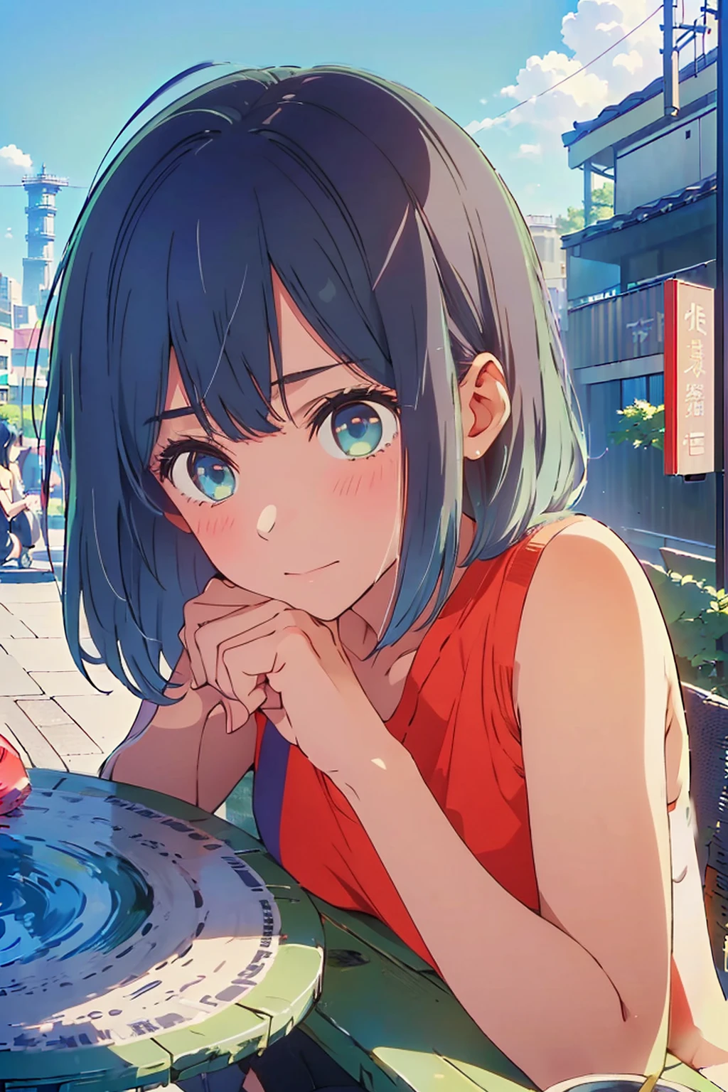 (Highest quality:1.4、masterpiece:1.4、超detailed:1.4、Ultra-high resolution:1.4、Absurd:1.4、Absolute Resolution:1.4、8K:1.4、detailed:1.4)、F cup bust、Big Breasts、Slim body、((((1 person、Surprised expression、sit、Chair、In the background are the urban buildings of Tokyo、looking at the camera、Outdoor café terrace、Navy hair color、juice、Shooting up close、table、Very cute face))))、((((nude、Areola))))、(Hand touching cheek pose:1.4)、(bikini)、Nipples、Very blue sky、A completely cloudless sky
