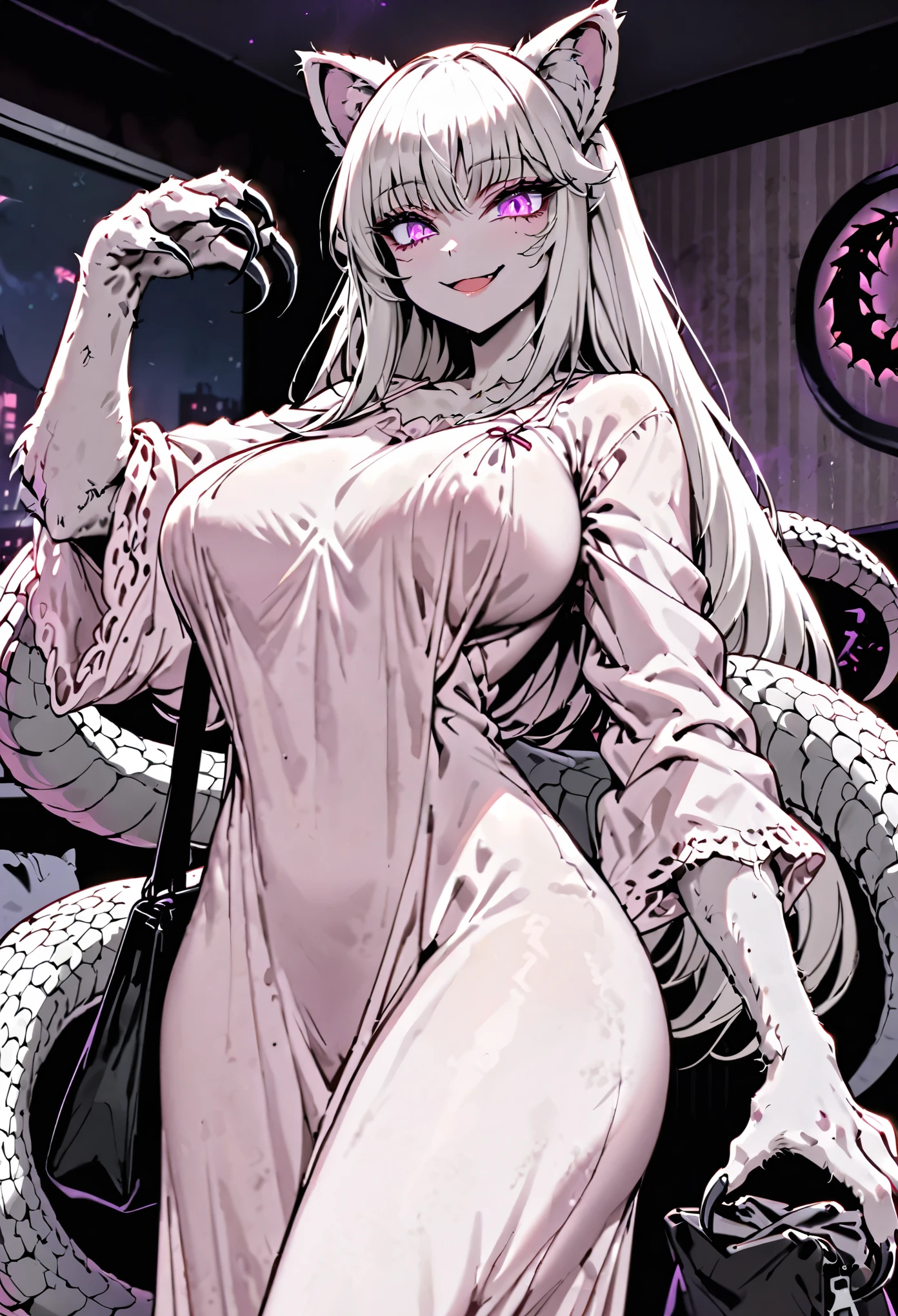 Solo, female, cat ears, long white hair, dark pink eyes, huge woman, tall, broad shoulders, large breasts, bedroom, white furry claws, furry arms below the elbow, night gown, smile, trash skin, white and brown fur, close up, huge bag wings, huge scorpion tail,