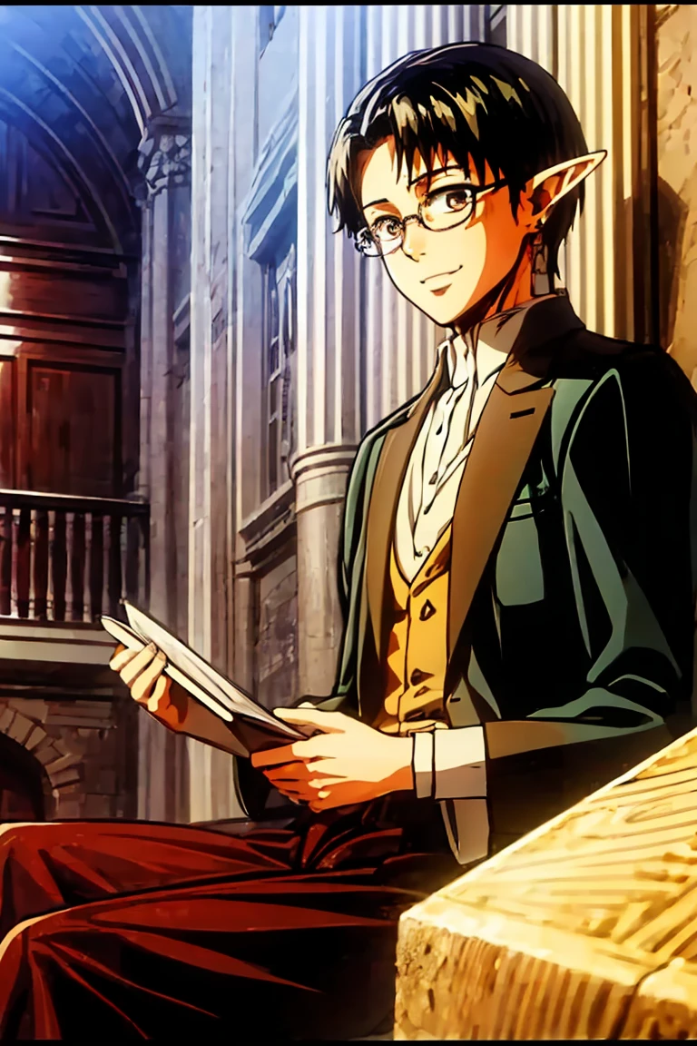 A half-elf man, tall, thin, very pale skin, black hair, golden locks, short hair, golden colored eyes, light semi-formal clothing. Glasses. very thin man. Very beautiful man. Medieval world, background of a helegant castle, confident smile