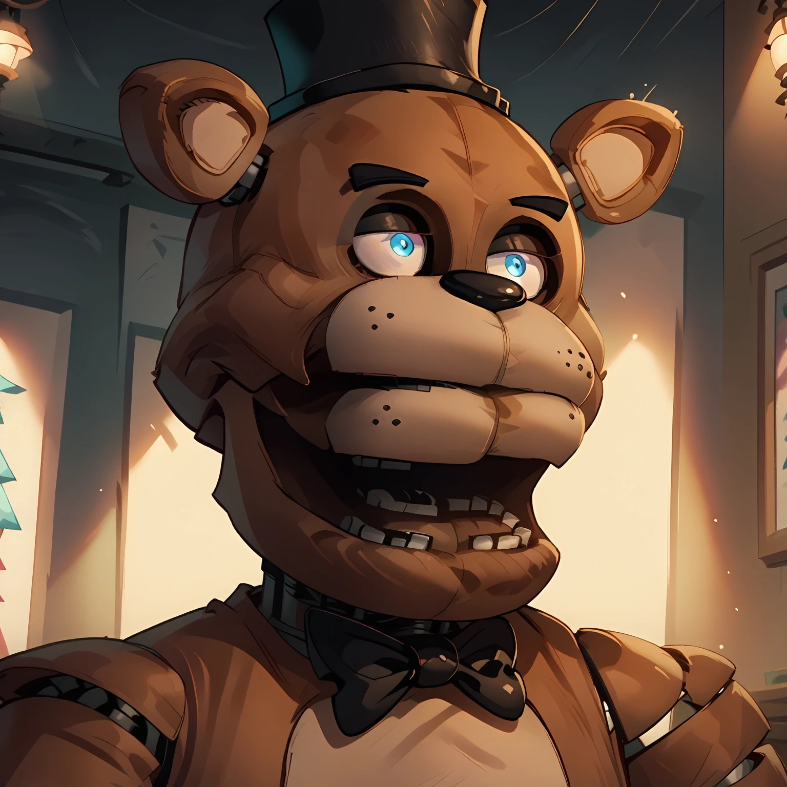 score_9, score_8_up, score_7_up, source anime, anime screencap, masterpiece, expressive eyes, perfect face, cinematic lighting, volumetric lighting, bloom, post processing, Freddy, from five nights at freddy's, top hat, bowtie, animatronic bear