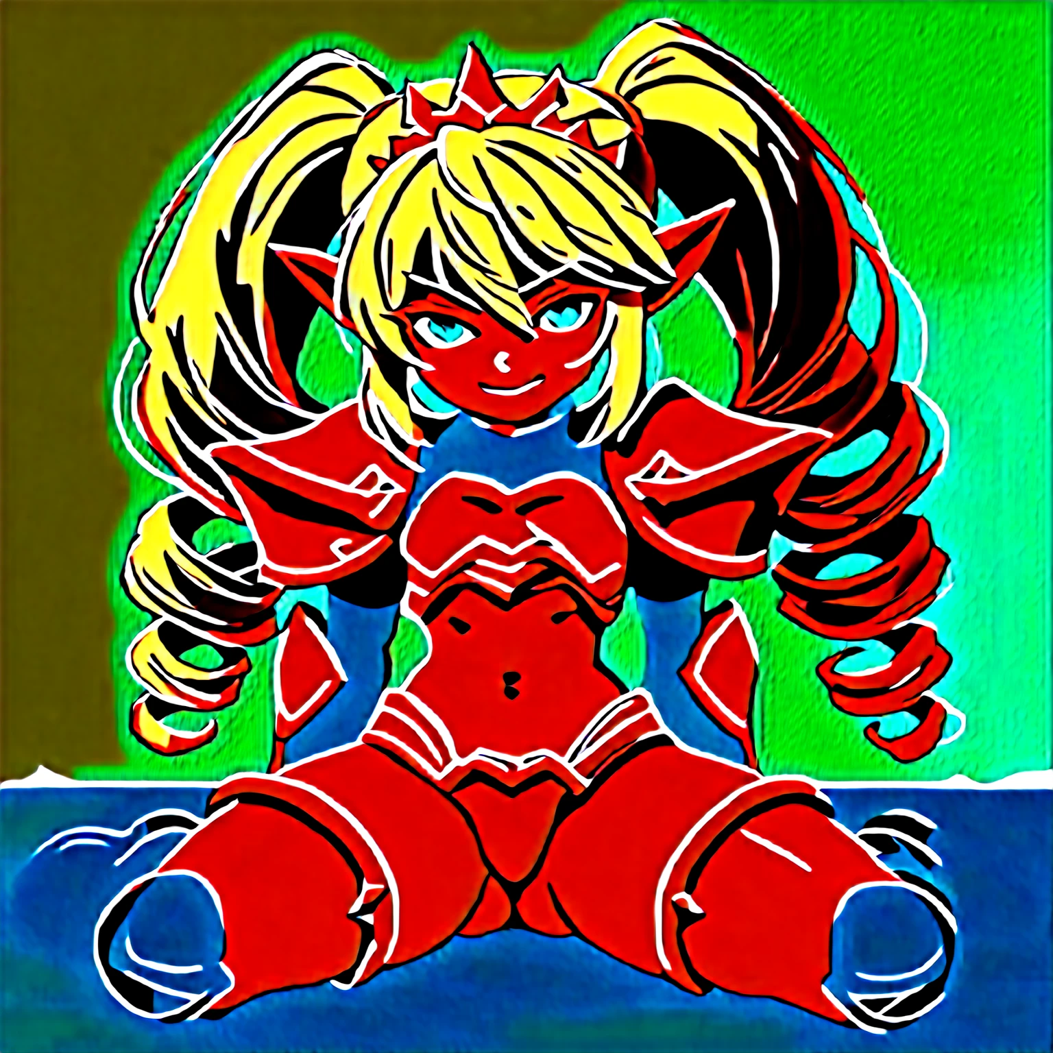 Lancer Artoria body (Alexis Texas Face), elegant adult female, blonde, green eyes (yellow eyelashes) crown, turtleneck, full body sitting on a bench, showing ass to me, RED breastplate, RED skin (1SologirlRED skin:1.2), looking at viewer, shiny, armor, thigh highs, high boots, pauldrons shoulder armor, faulds, poleyn, RED gloves gauntlets, rerebrace, RED military armored boots, yordle muscular lean platinum blonde long twin tails hairstyle at the bedroom lustful smirking smile face red blushed, blush, strong abs, female body builder, tiara, twin drills hair, (masterpiece, best quality, ultra detailed, best shadow)