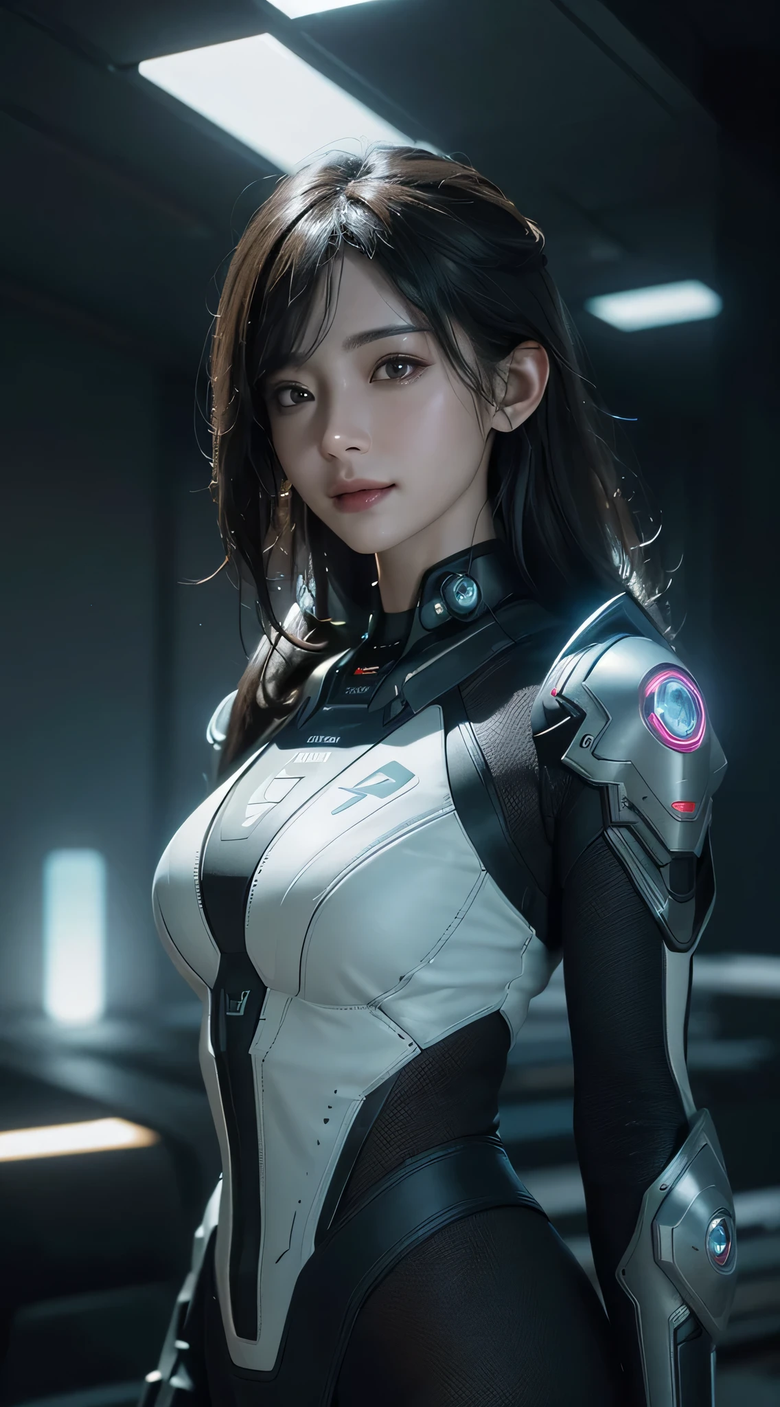 ((best quality)), ((masterpiece)), (detailed:1.4), 3d, Image of a beautiful cyberpunk woman,Human Development Report (High Dynamic Range),Ray Tracing,nvidia RTX,Super Resolution,Unreal 5,Subsurface scattering,PBR Textures,Post-Processing,Anisotropic filtering,Depth of Field,Maximum clarity and sharpness,Multi-layered textures,Albedo and Specular Maps,Surface Shading,Accurate simulation of the interaction between light and material,Perfect proportion,Octane Rendering,Two-color lighting,Large aperture,Low ISO,White Balance,Rule of Thirds,8K Native,Smiling