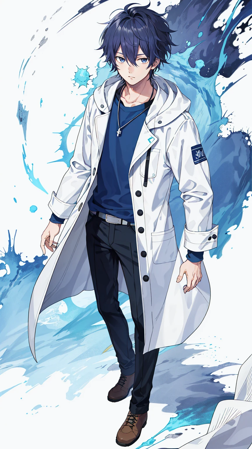 1 boy, 30 years old, full body, messy hair, indigo hair, short hair, researcher, white coat,