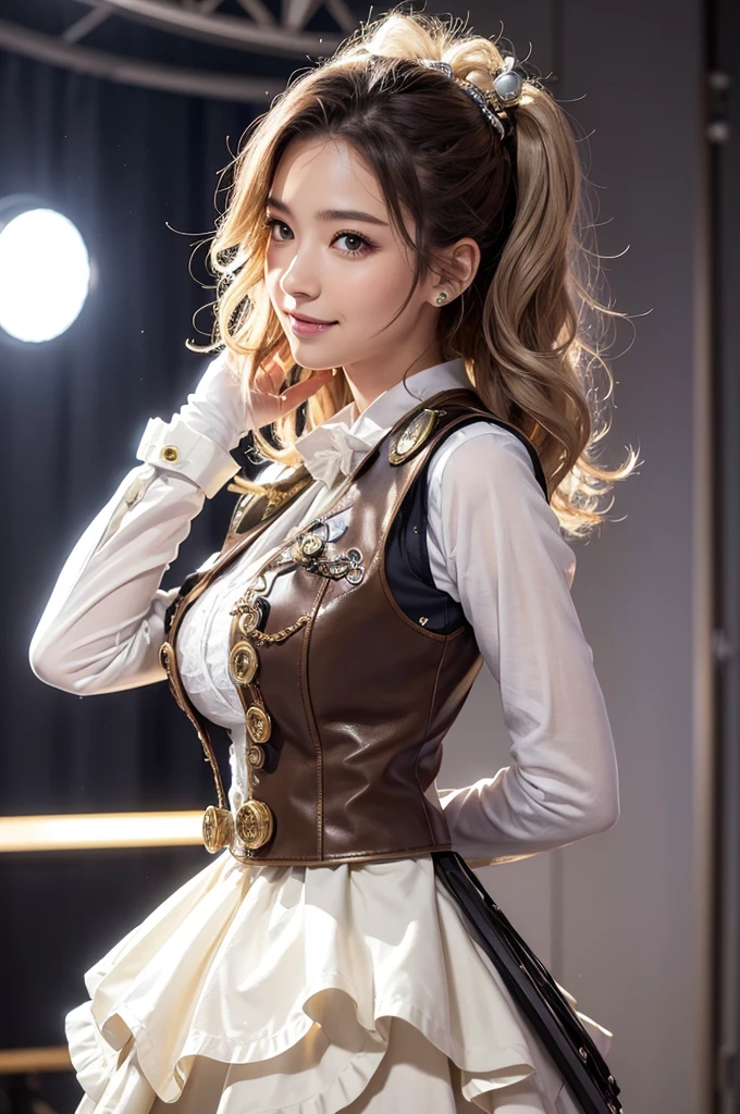 Woman portrait、Highest quality、Rear view、8K, clear, Fine skin、Clear, beautiful eyes、whole body、Curly Hair、My hair was messed up by the wind、The beauty of a smile、(Big Breasts、tall)、(Hip_superior, Hip superior), Mature Woman,( Watching the audience),Realistic, High resolution, Soft Light,1 female, alone, Hipいやらしいアップ, Glowing Skin, (Detailed face), Perfect Style, Perfect balance,Platinum Gold Hair,Long Hair,Fine Skin,((Steampunk vest))、Costumes decorated with lots of gear and watches,(White and grey check, High-tech Mecha,wrist cuffs,white dress shirt,elbow gloves,Gemstone Helmet,Gemstone Belt,High leg,ascot,one piece)、((arms behind back)),(bokeh),(studio lighting)