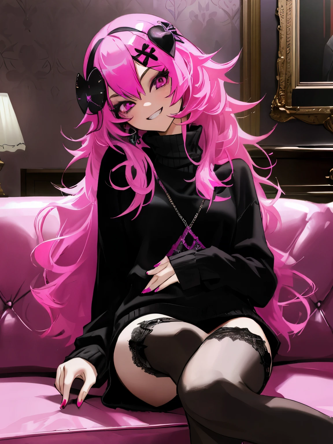 masterpiece, best quality,realistic,absurdres,1girl,looking at viewer, grin, living room, skinny, y hair, eyeliner, emo, goth, bright pink hair, head ornament, stockings, skinny, pink lighting, black sweater, pink eyes, head tilt