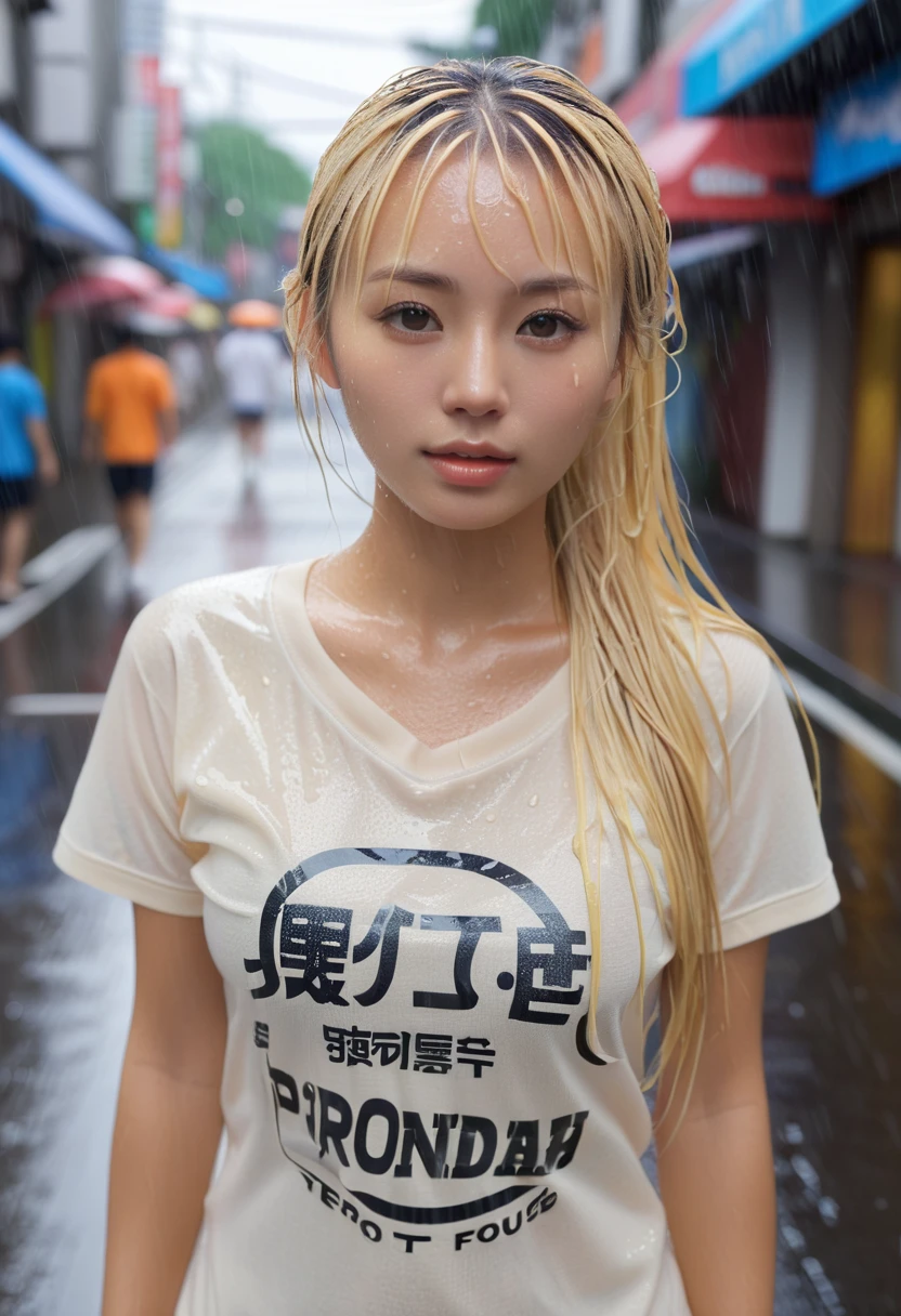 best quality, 8k, very delicate and beautiful, highly detailed face and skin texture, shiny skin, high resolution, big tits cute blond long hair tanned skin japanese girl in t-shirt stand on street, raining, wet, sharp focus