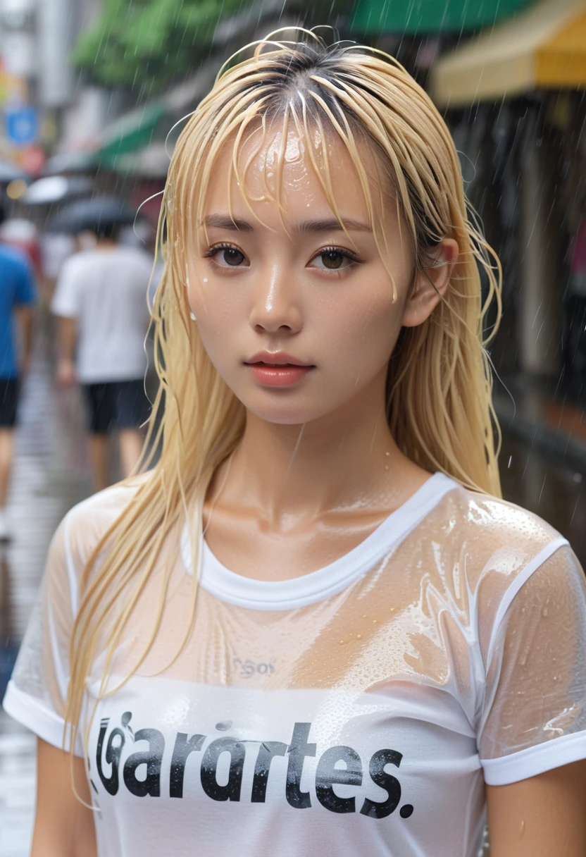 1 Japanese beautiful girl,28yo girl, Super beautiful detailed face, (smile:1.4), earrings, (blonde semi-long straight hair with parted bangs:1.6),(front view:1.5), (medium shot), (chubby body), (neutral-colored large areola:1.4),(nipples), BREAK, masterpiece, best quality, ultra quality, high quality, realistic, photo realistic, RAW photo, hyper detailed, intricate detaile,(crowded street:1.2),cinematic lighting,(completely nude:1.5), (wet body),(wet hair), ((dark cloud and sky)), raining, (rain filtered), (rain splashes in water),(lightning:1.3),(raindrops:1.1),(downpour:1.2),(raining:1.3),above knee shot,((from front)),(hairy pussy:1.1),(camel toe),