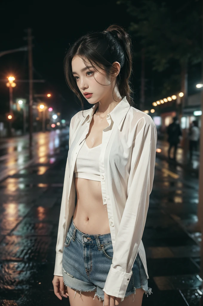 (((best quality))),(((ultra detailed))),(((masterpiece))),illustration,((1 beautiful girl,solo)),((slim,thin)),short ponytail,((small breasts,flat chest)),white long-sleeved shirt,navel,pink floral white pants,slender legs,white socks,slippers,rainy night, heavy rain, drenched clothes, melancholy expression, solitude, tear rolling down cheek, wet hair, empty streets, dimly lit, deserted environment, sound of rain, footsteps, symbol of hope, abandoned, resilience, determination, walking in rain, heartbreak, loss, love fading, loneliness, body language, facial expression, dreary atmosphere, rain-soaked streets, somber mood, viewer engagement,from front,urban scape,night scene,(((wet,sweat,shiny skin))),((from front,upper body,standing,arms behind back)),