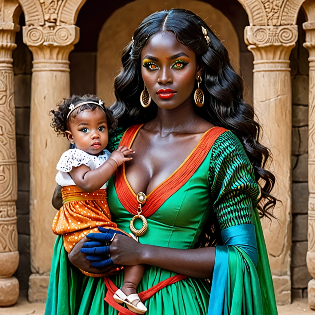 dark skin woman, with orange eyes, green and blue ancient era dress, with long wavy black hair, short black gloves on hands, a red ring on her finger, lips a little wide, golden hoops in her ears, with two babies with brown hair with green eyes with white skin