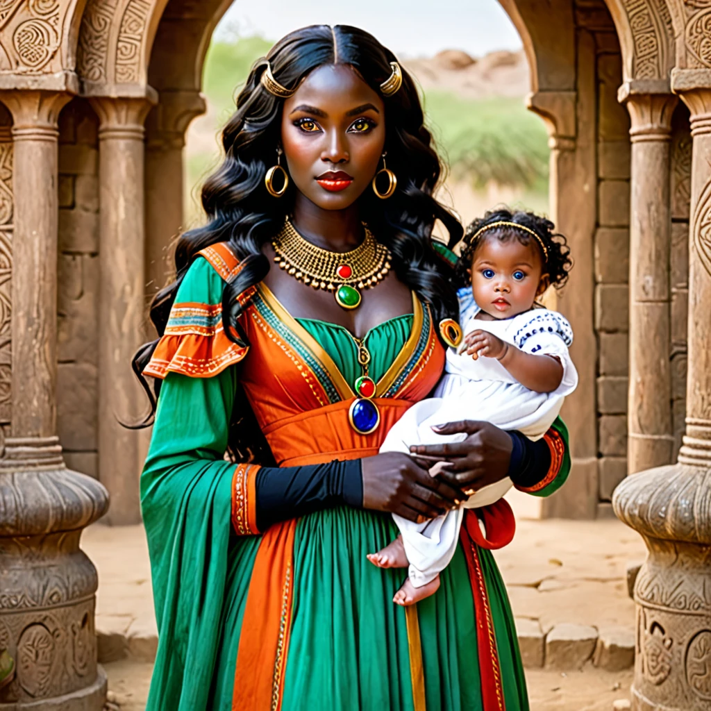 dark skin woman, with orange eyes, green and blue ancient era dress, with long wavy black hair, short black gloves on hands, a red ring on her finger, lips a little wide, golden hoops in her ears, with two babies with brown hair with green eyes with white skin