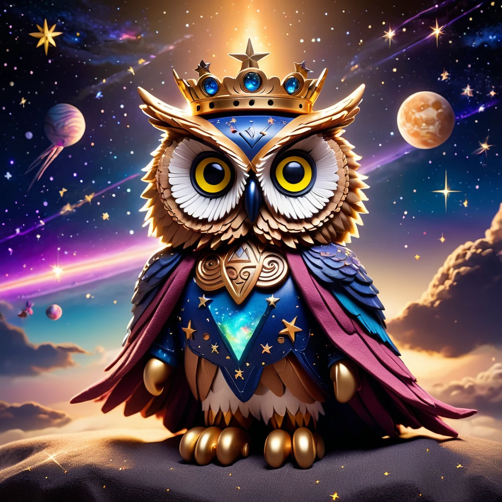 (knitted toy voodoo doll:1.9), (voodoo owl:1.8), (Clothing: cosmic robe with star patterns, cape of stardust:1.0), (Accessories: star-tipped staff, floating constellation map, glowing star crown:1.2), (background: cosmic expanse with distant galaxies, shooting stars, and nebulous clouds:1.2), best quality, masterpiece, detailed soft oil painting, detailed background, dramatic cinematic lighting, soft edge lighting, professional, dramatic lighting, hard edge lighting, ultra quality, 4k, masterpiece, best quality, 8k, ultra high definition, high resolution, extremely detailed
