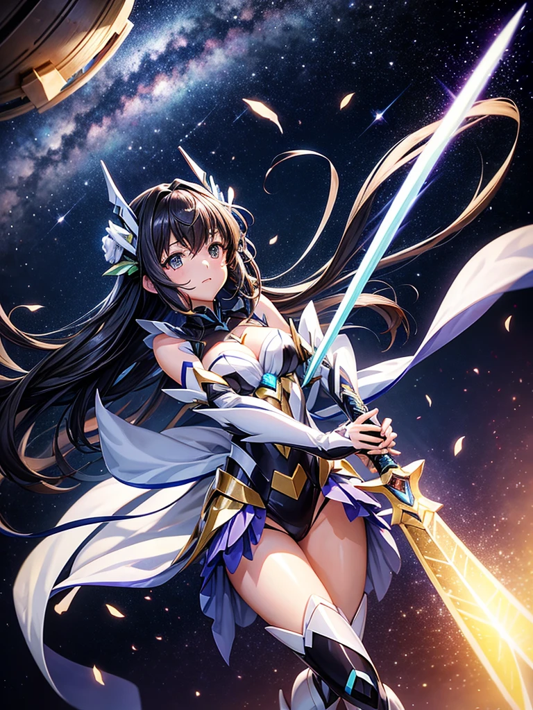 Highest quality,Highest Resolution,A beautiful girl in a metallic high-leg outfit, like Tsubasa Kazanari from Symphogear,Earth Behind,universe,Milky Way,Black Hair,Sword１I have it in my hand,
