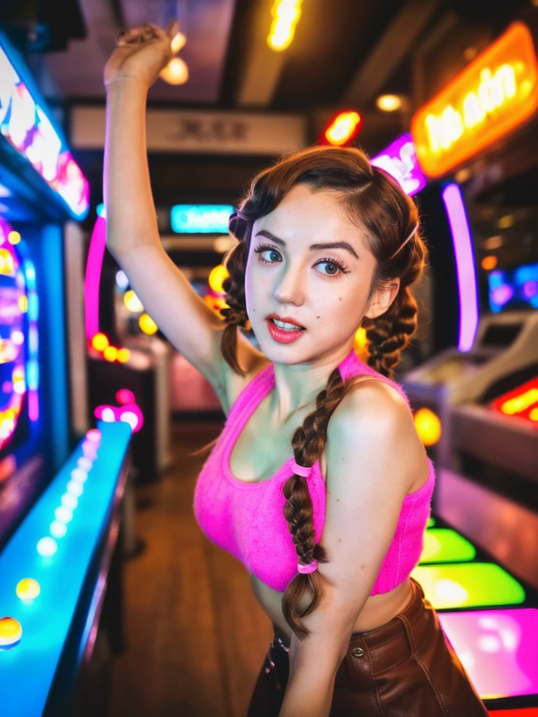 masterpiece,best quality,higher, Super sexy super cute Japanese girl、Hot, erotic and sexy lips、Big eyes、Drooping eyearilyn (;marilyn monroe face)、ASİAN,(brown race),dark skin,Dark brown, loosely wavy llong hair,1girl,NDGE、ponytail、Super big、sexual excitement、(((A super sexy and super cute with shoulder-length brown pigtails, aqua eyes, and hair tied at both sides with pink ribbons, enjoying a UFO catcher in an arcade. The character is wearing a trendy outfit with a mix of Japanese and Western fashion, including a stylish jacket, a skirt, and fashionable shoes. The arcade is vibrant with colorful machines, neon lights, and a lively atmosphere. The character is reaching out with a determined expression, trying to catch a plush toy. The background includes other arcade games and a few people having fun, capturing the energetic and fun environment of the arcade.))、（((Super big)))Cute smile