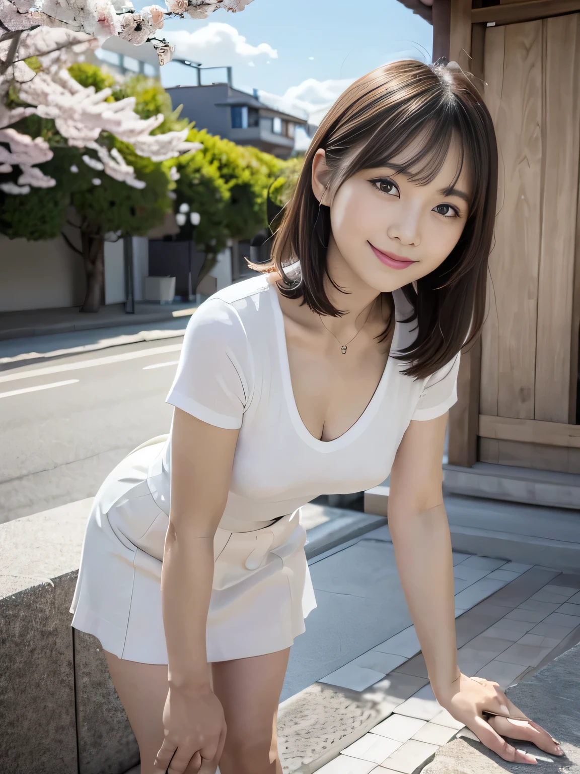 (Leanwg forward:1.3), mwi skirt, 50-year-old women,Retro Photography, 1960s , AGFA, Kodak, One girl, Lookwg_w_Audience, smile, Japan, Tokyo, Cherry Blossom, Octane Renderwg, 一人w, Very skwny,V-neck suit, (Small breasts:1.1)