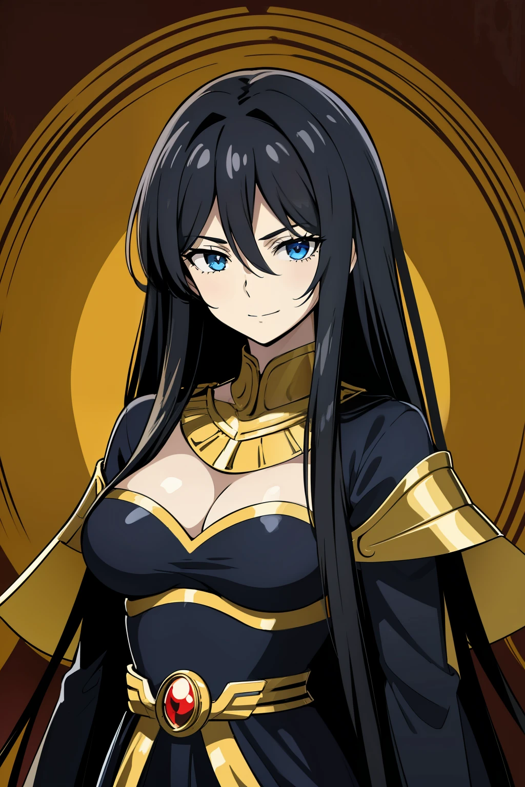 (high-quality, breathtaking),(expressive eyes, perfect face) portrait, Symmetrical Eyes, 1girl, girl, solo, young adult, black hair, blue coloured eyes, stylised hair, gentle smile, medium length hair, loose hair, side bangs, wavy curley hair, fluffy hair, looking at viewer, portrait, ancient greek clothes, black long sleeved tunic gold trim around collar edges and down middle, greek, red and gold sash, simple background, slightly narrow eyes, , happy expression, clothes similar to Hypnos Saint Seiya, clothes similar to Alone Saint Seiya, C cup size breasts, hair between eyes