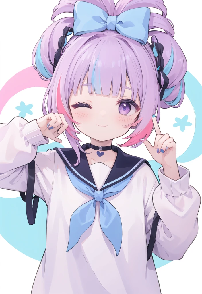 folded twintails,1girl,virtual youtuber,solo,one eye closed,multicolored hair,bow,smile,heart,hair bow,purple eyes,blue hair,braid,v,white background,upper body,bangs,looking at viewer,blue nails,sailor collar,long sleeves,simple background,blue bow,blush,nail polish,purple hair,hair rings,alternate hairstyle,blunt bangs,closed mouth,frills,streaked hair,pink hair,shirt,long hair,;),sidelocks,white shirt,