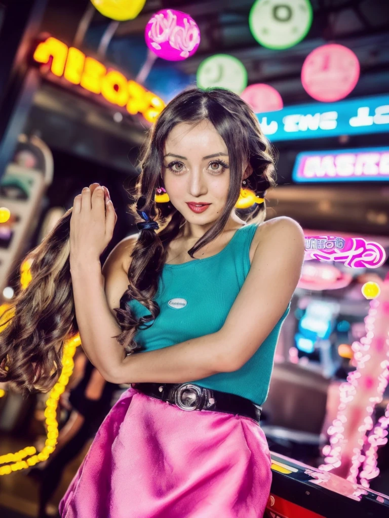 masterpiece,best quality,higher, Super sexy super cute Japanese girl、Hot, erotic and sexy lips、Big eyes、Drooping eyearilyn (;marilyn monroe face)、ASİAN,(brown race),dark skin,Dark brown, loosely wavy llong hair,1girl,NDGE、ponytail、Super big、sexual excitement、(((A super sexy and super cute with shoulder-length brown pigtails, aqua eyes, and hair tied at both sides with pink ribbons, enjoying a UFO catcher in an arcade. The character is wearing a trendy outfit with a mix of Japanese and Western fashion, including a stylish jacket, a skirt, and fashionable shoes. The arcade is vibrant with colorful machines, neon lights, and a lively atmosphere. The character is reaching out with a determined expression, trying to catch a plush toy. The background includes other arcade games and a few people having fun, capturing the energetic and fun environment of the arcade.))、(((Super big)))Cute smile