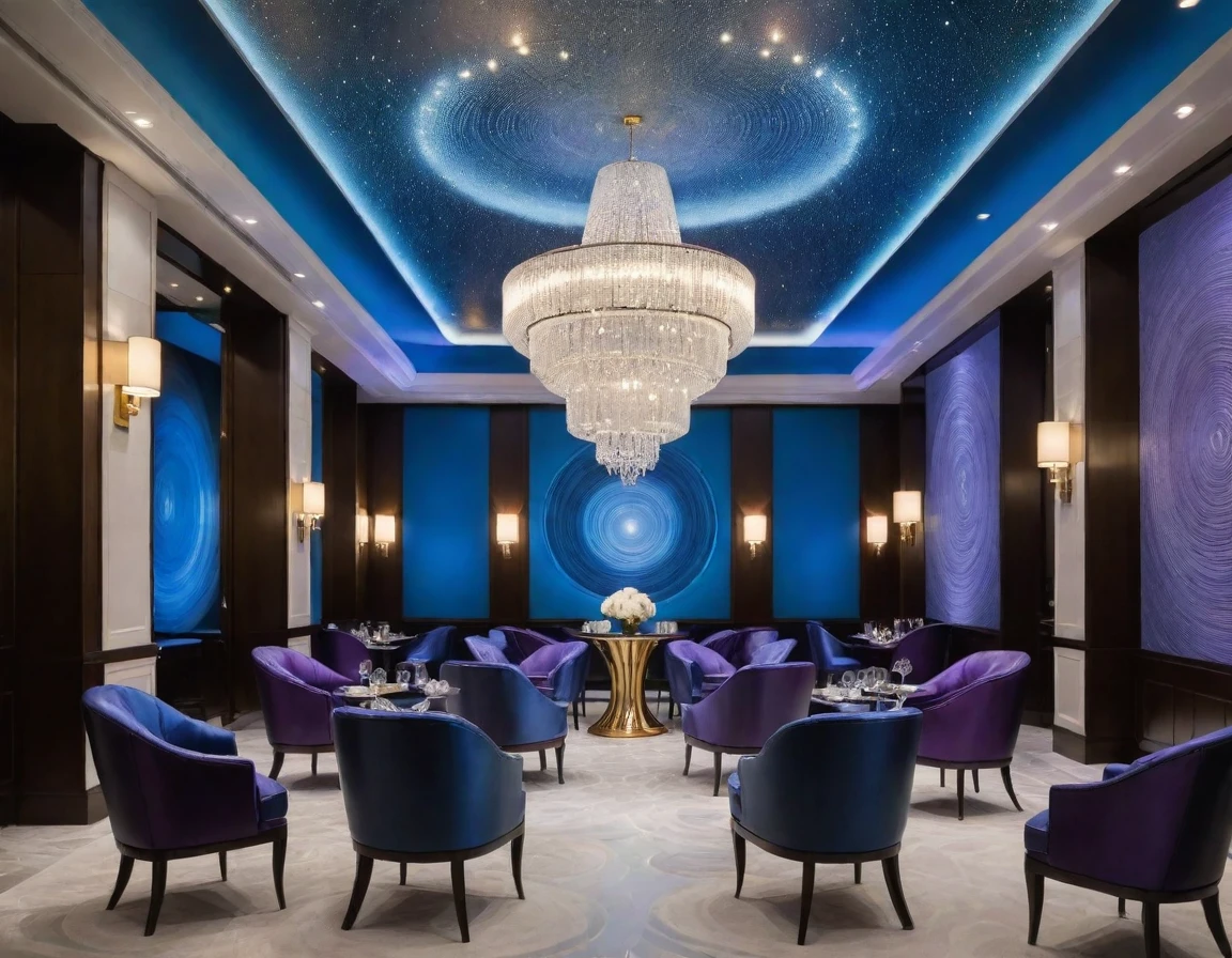 a luxurious and futuristic dining or lounge area, characterized by an opulent design and mesmerizing ambiance. Dominating the scene is a grand chandelier hanging from a richly decorated ceiling, casting a warm, inviting glow over the room. The walls are adorned with large, arched panels displaying vibrant, swirling light patterns in shades of blue and purple, enhancing the otherworldly atmosphere. The centerpiece of the room is a circular bar or table with a luminous, vortex-like design, matching the ethereal quality of the wall panels. Plush blue chairs line the long, sleek tables on either side, set with glasses and napkins, ready for guests. The combination of classic elegance with modern, cosmic-inspired decor creates a visually stunning and unique environment.