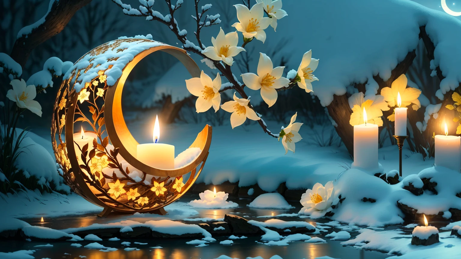 There is a lit candle in the snow by the water, Moon and candle, night with Moon and candle, Peaceful atmosphere, Cozy candlelight, Soft moonlight lighting, Very beautiful photos, Beautiful moonlight, Very peaceful mood, Blooming Light, Cozy and quiet atmosphere, Beautifully illuminated, Beautiful atmosphere, Candlelight, Beautiful Wallpapers, Relaxed atmosphere
