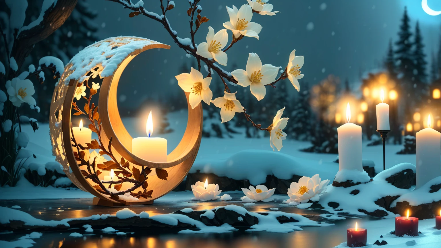 There is a lit candle in the snow by the water, Moon and candle, night with Moon and candle, Peaceful atmosphere, Cozy candlelight, Soft moonlight lighting, Very beautiful photos, Beautiful moonlight, Very peaceful mood, Blooming Light, Cozy and quiet atmosphere, Beautifully illuminated, Beautiful atmosphere, Candlelight, Beautiful Wallpapers, Relaxed atmosphere