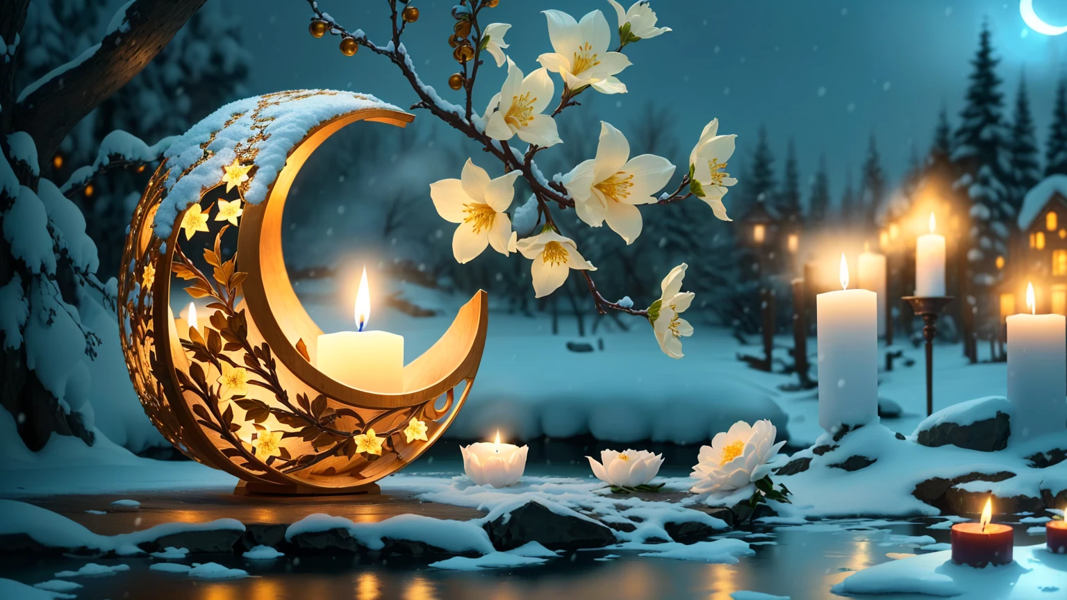 There is a lit candle in the snow by the water, Moon and candle, night with Moon and candle, Peaceful atmosphere, Cozy candlelight, Soft moonlight lighting, Very beautiful photos, Beautiful moonlight, Very peaceful mood, Blooming Light, Cozy and quiet atmosphere, Beautifully illuminated, Beautiful atmosphere, Candlelight, Beautiful Wallpapers, Relaxed atmosphere
