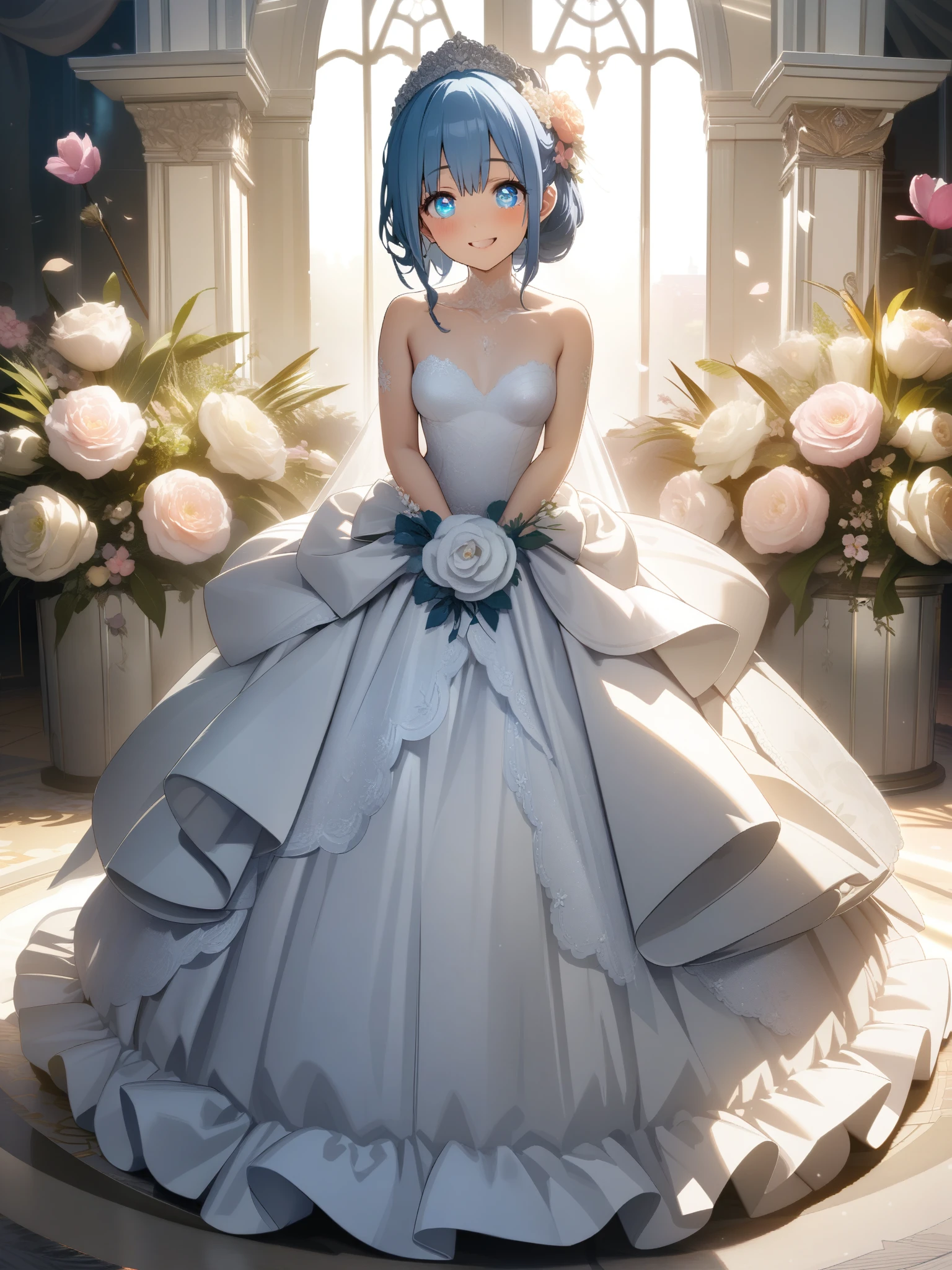 32k, best quality, ultra high res, HDR, UHD, extremely detailed CG, unity 32k wallpaper, (Best Quality, High Definition, masutepiece:1.2,), Illustration, 1girl in, Full body, ((wedding dress)), Looking at Viewer, Happy, blush,(((masutepiece))), (((Best Quality))), (((Ultra-detailed))), (((extremely delicate and beautiful))), (((Beautiful detailed eyes))), (((Beautiful floral background))), (Smile), Blue hair,