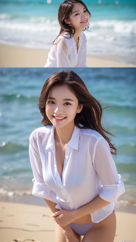 Tabletop、(Highest quality、4K、8K、High resolution、Masterpiece: 1.2)、Super detailed、(Real、Photorealistic、Photorealistic: 1.37)、Full Body Shot、Complex and beautiful eyes、woman、long hair、Natural color lip、whiteＴshirt、Bold and sexy pose、smile、Ocean、 year old girl、A cute and sexy shot looking straight at the camera。