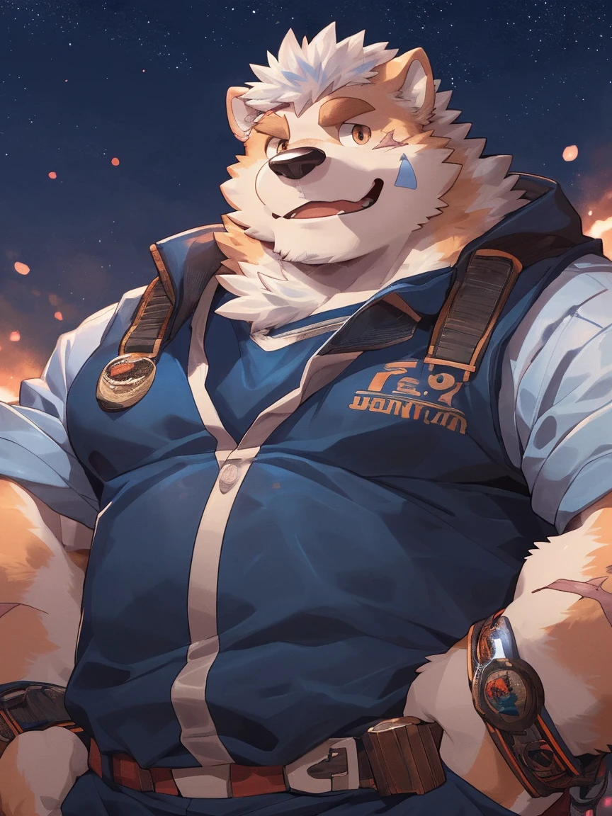 human nature, Wildlife, male,18 years old, solitary, ((Round Face, The face is plump,Orange eyes,Thick white hair,With scars)), ((Endomorph, Handsome,Hot Blood)), (Sportswear,Light blue and white coat,Wear a sports cap), ((domestic 犬, Dog Orc,) Fluffy fur, Fluffy), Bokeh, (high quality, high resolution, masterpiece), (Dynamic Lighting, Vibrant colors,Natural fill light), (Revitalize,harm,Disdain,aggressive), Full body picture (close up), cartoon, author:Takemoto Arashi, From zixiong, By Chunni, author:Empty Ghost,(background:Night cottage door)