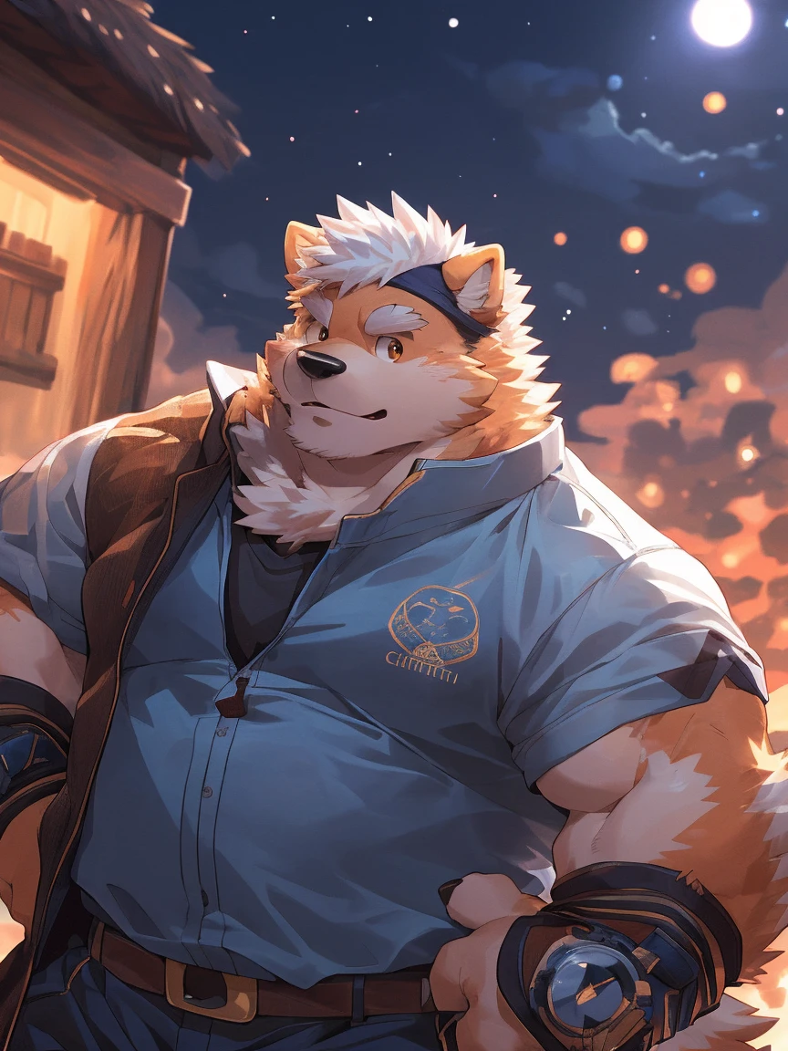 human nature, Wildlife, male,18 years old， solitary, ((Round Face, The face is plump,Orange eyes,Thick white hair，With scars)), ((Endomorph, Handsome，Hot Blood)), (Sportswear，Light blue and white coat，Wear a sports cap), ((domestic 犬, Dog Orc，) Fluffy fur, Fluffy), Bokeh, (high quality, high resolution, masterpiece), (Dynamic Lighting, Vibrant colors，Natural fill light), (Revitalize，harm，Disdain，aggressive), Full body picture (close up), cartoon, author：Takemoto Arashi, From zixiong, By Chunni, author：Empty Ghost，（background：Night cottage door）