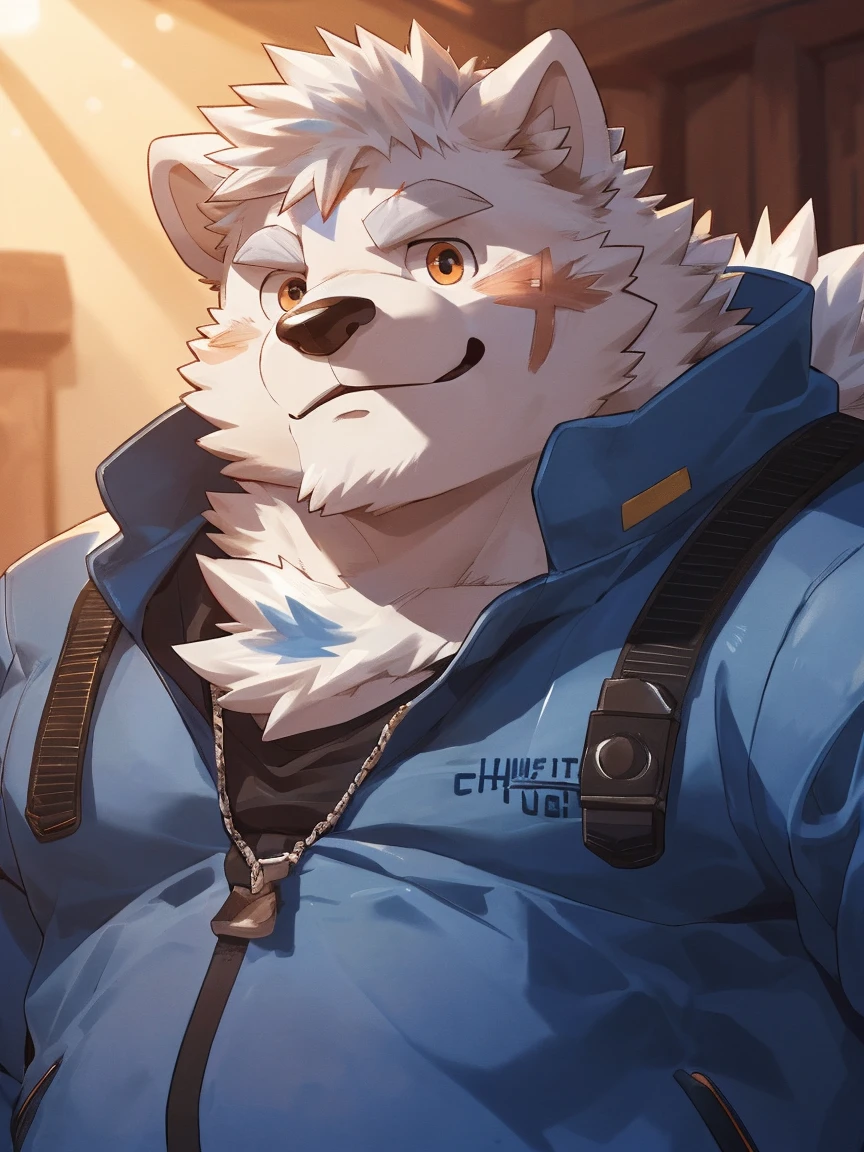 human nature, Wildlife, male,18 years old， solitary, ((Round Face, The face is plump,Orange eyes,Thick white hair，With scars)), ((Endomorph, Handsome，Hot Blood)), (Sportswear，Light blue and white coat，Wear a sports cap), ((domestic 犬, Dog Orc，) Fluffy fur, Fluffy), Bokeh, (high quality, high resolution, masterpiece), (Dynamic Lighting, Vibrant colors，Natural fill light), (Revitalize，harm，Disdain，aggressive), Full body picture (close up), cartoon, author：Takemoto Arashi, From zixiong, By Chunni, author：Empty Ghost，（background：Night cottage door）