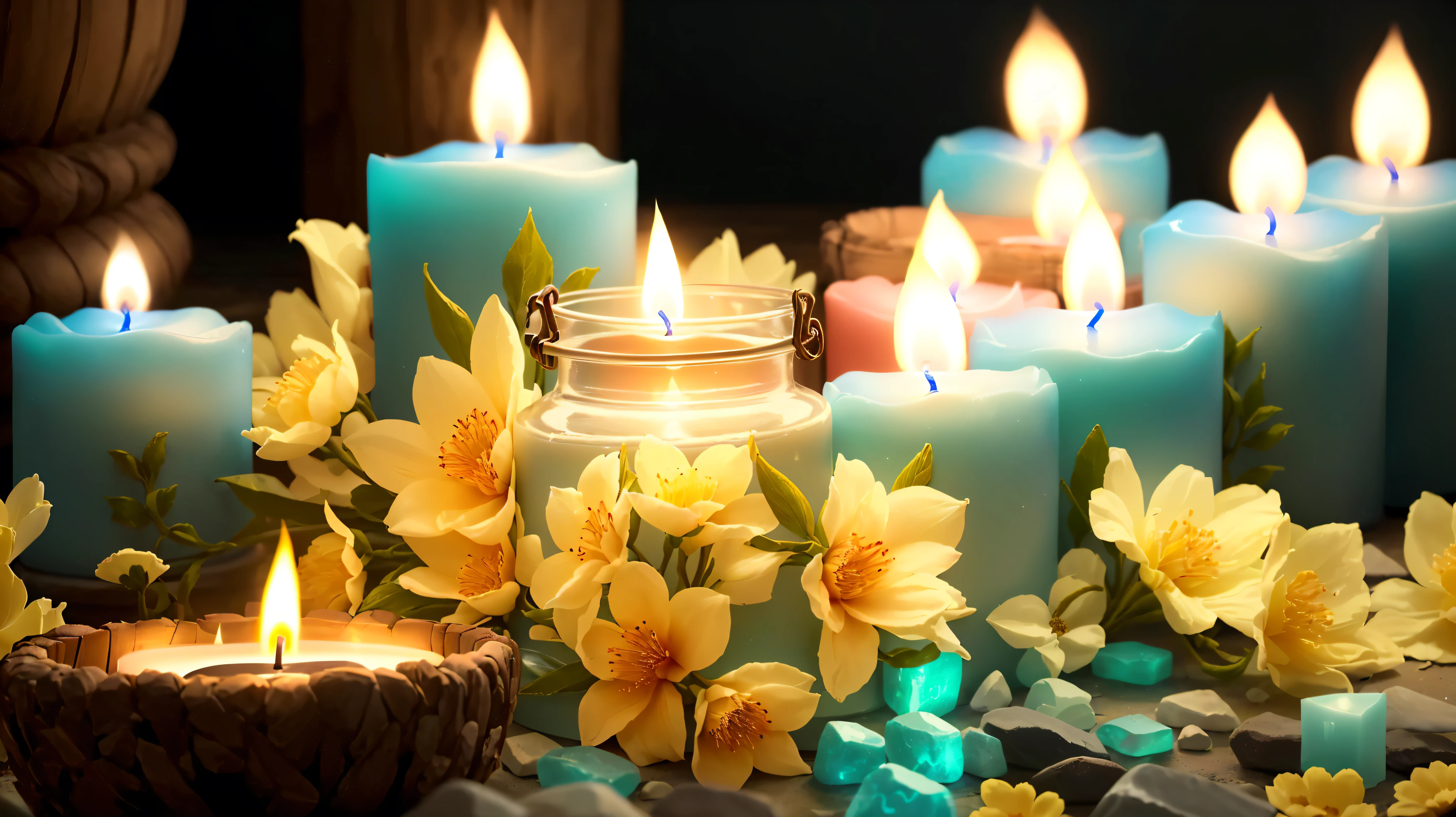 Candles are lit and surrounded by flowers and stones, glowing Candles, lit Candles, Candles, CandlesLights, Warm and fun atmosphere, lit with Candles, floating Candles, natural CandlesLighting, lots of Candles, room full of Candles, Soft glow, 心地よいCandlesLight, A vibrant scene, Beautiful atmosphere, CandlesLight, Candle wax, Candles in foreground, Beautifully illuminated, shutterstock