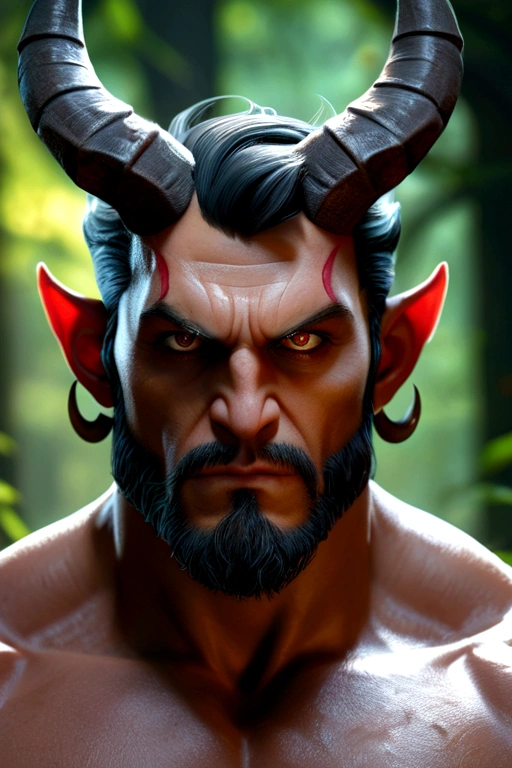 muscular demonic man, horns, black eyes, lush forest, detailed portrait, cinematic lighting, dramatic pose, hyper-realistic, unreal engine, 8k, photorealistic, (best quality,4k,8k,highres,masterpiece:1.2),ultra-detailed,(realistic,photorealistic,photo-realistic:1.37),HDR,UHD,studio lighting,ultra-fine painting,sharp focus,physically-based rendering,extreme detail description,professional,vivid colors,dramatic,dark fantasy,chiaroscuro lighting,moody atmosphere