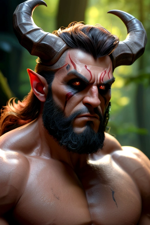 muscular demonic man, horns, black eyes, lush forest, detailed portrait, cinematic lighting, dramatic pose, hyper-realistic, unreal engine, 8k, photorealistic, (best quality,4k,8k,highres,masterpiece:1.2),ultra-detailed,(realistic,photorealistic,photo-realistic:1.37),HDR,UHD,studio lighting,ultra-fine painting,sharp focus,physically-based rendering,extreme detail description,professional,vivid colors,dramatic,dark fantasy,chiaroscuro lighting,moody atmosphere