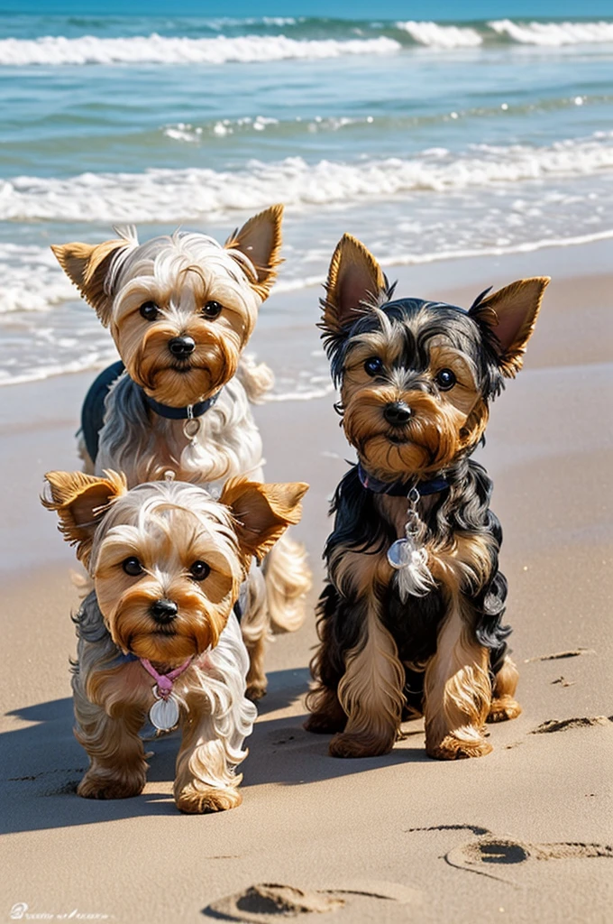 2 puppy girls Yorkie playing at beach, one is drop-ears & shy, the other is  prick-ears & eager to explore, golden & grey fur, watercolor 