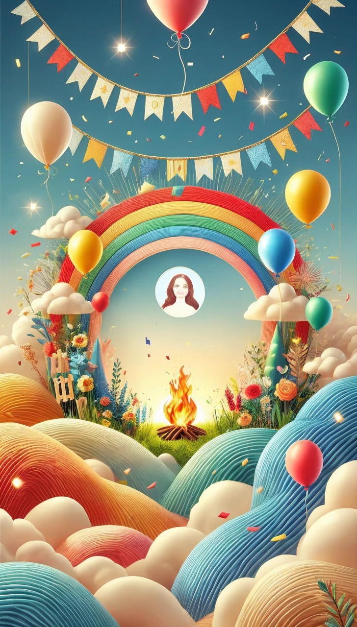 Create an image with the characteristics defined in the tag and avoid using the characteristics defined in the tag.
A celebration image with a colorful and vibrant theme. In the center, there is a bright rainbow surrounded by balloons of different colors, such as blue, green, yellow, red, and orange. At the top, there are colorful bunting flags hanging, creating a festive atmosphere. In the background, a light blue sky with fluffy white clouds. At the bottom, stylized hills in shades of blue, green, and orange, with a wavy texture. Flowers of various colors, including red, pink, and orange, are scattered around the base of the rainbow. There is a bright central campfire with yellow and orange flames. Soft and warm lighting illuminates the scene. In the center of the rainbow, there is a circle with the stylized image of a woman with red hair. Colorful confetti is falling from the sky. The composition is balanced and detailed, with a sense of joy and celebration.